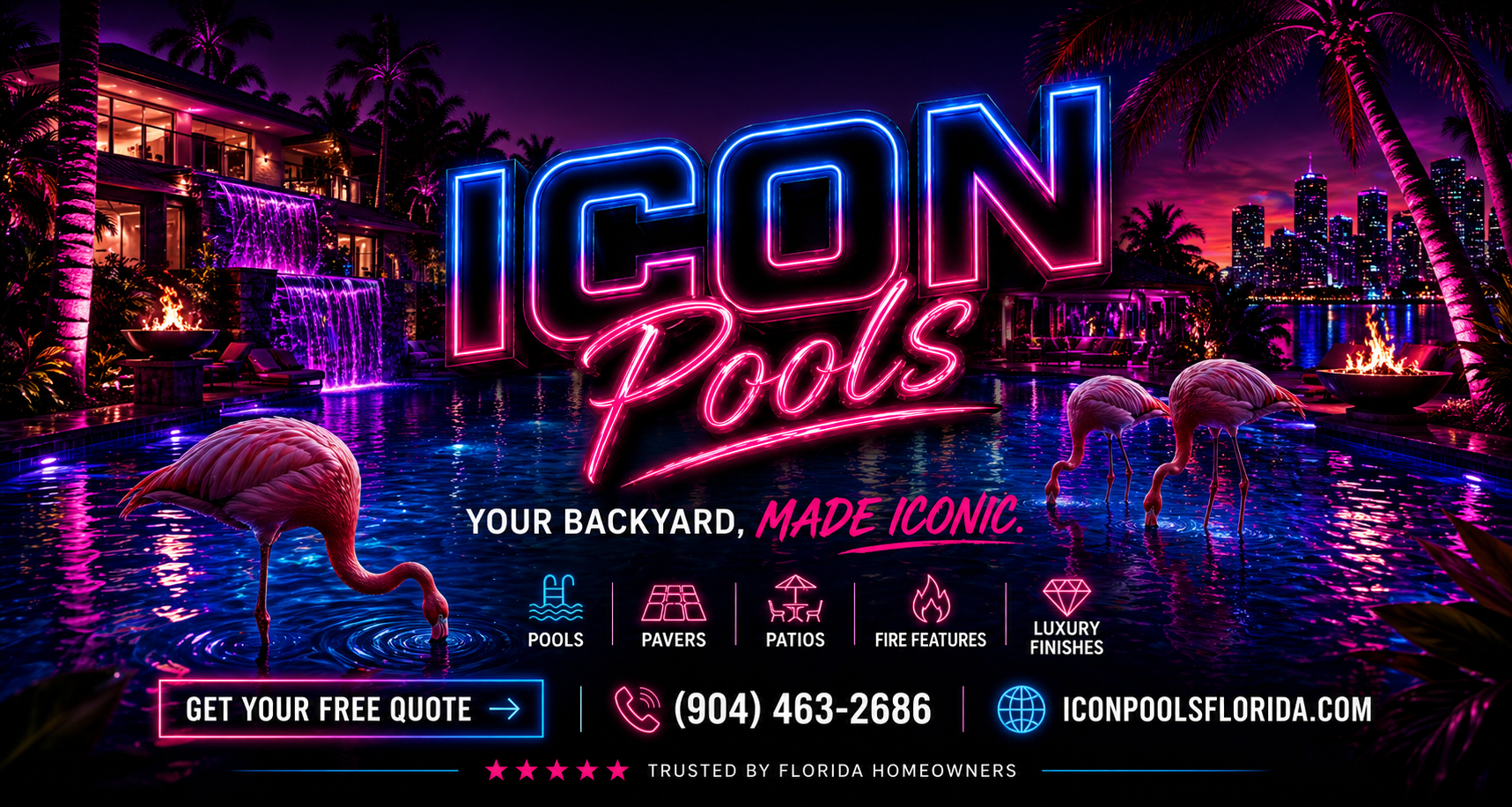 Icon Pools Miami neon backyard hero with pool and flamingos