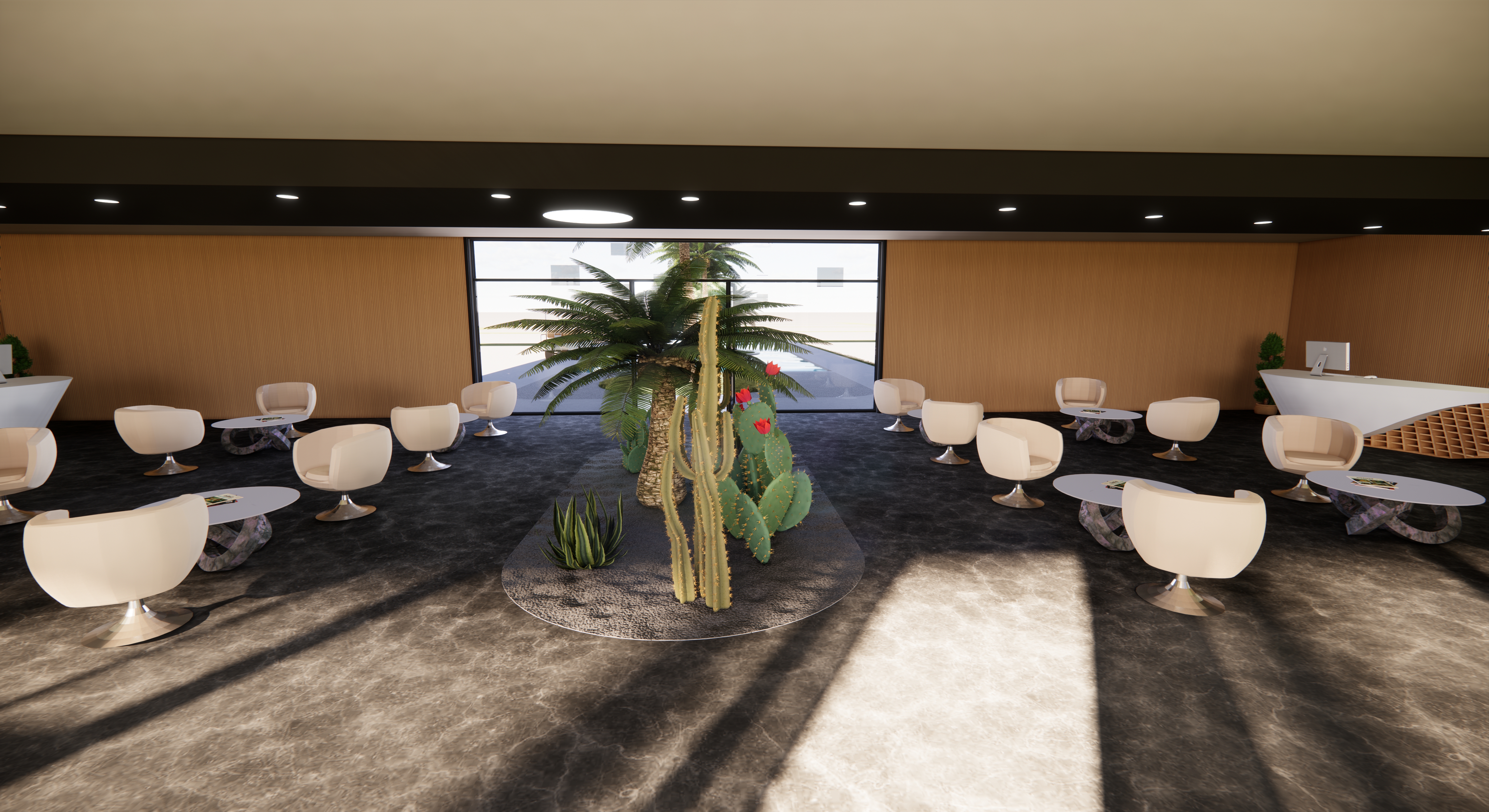 Reception ampia con bancone bianco curvo + lounge area