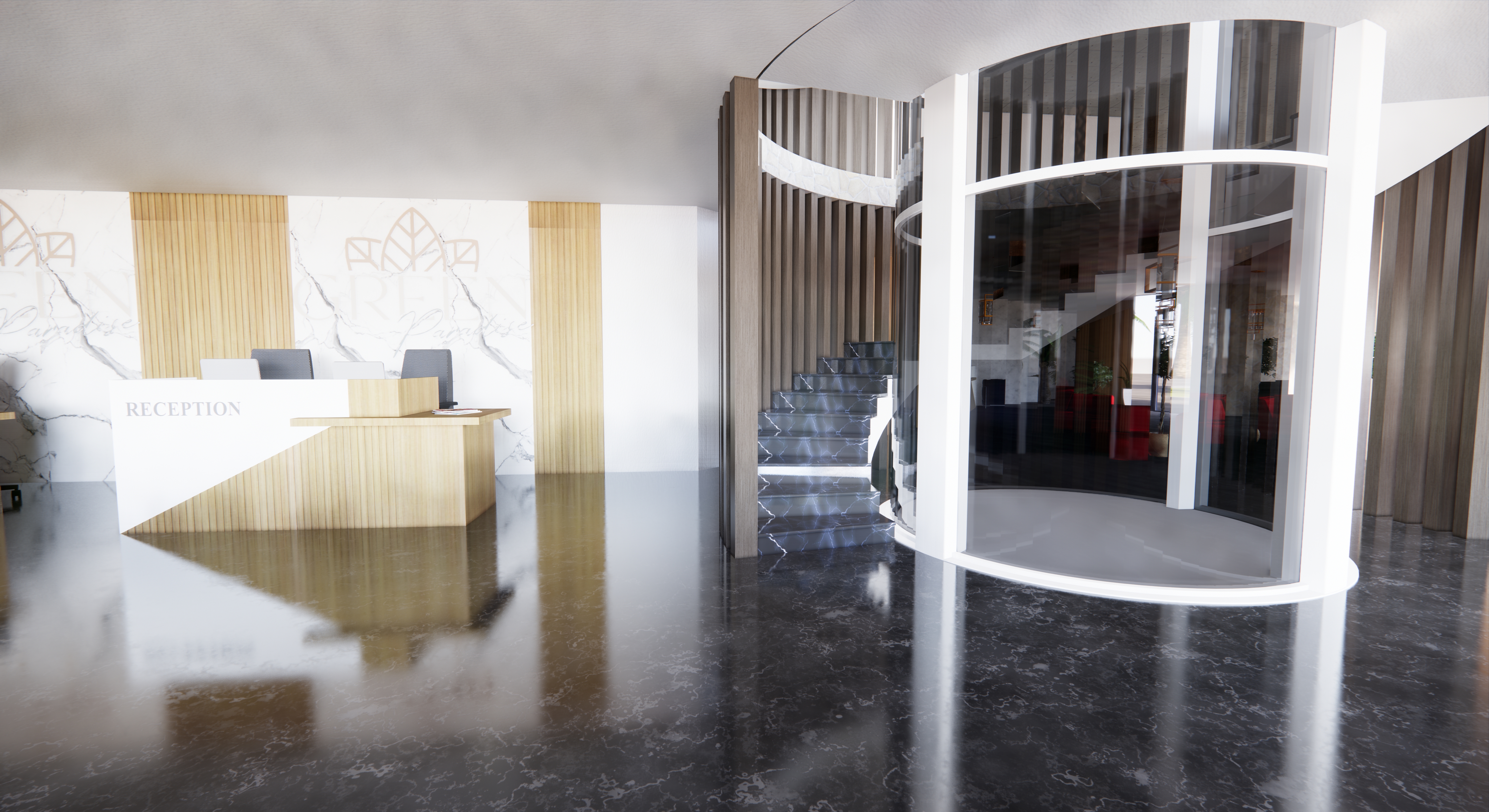 Reception desk · logo Green Paradise inciso