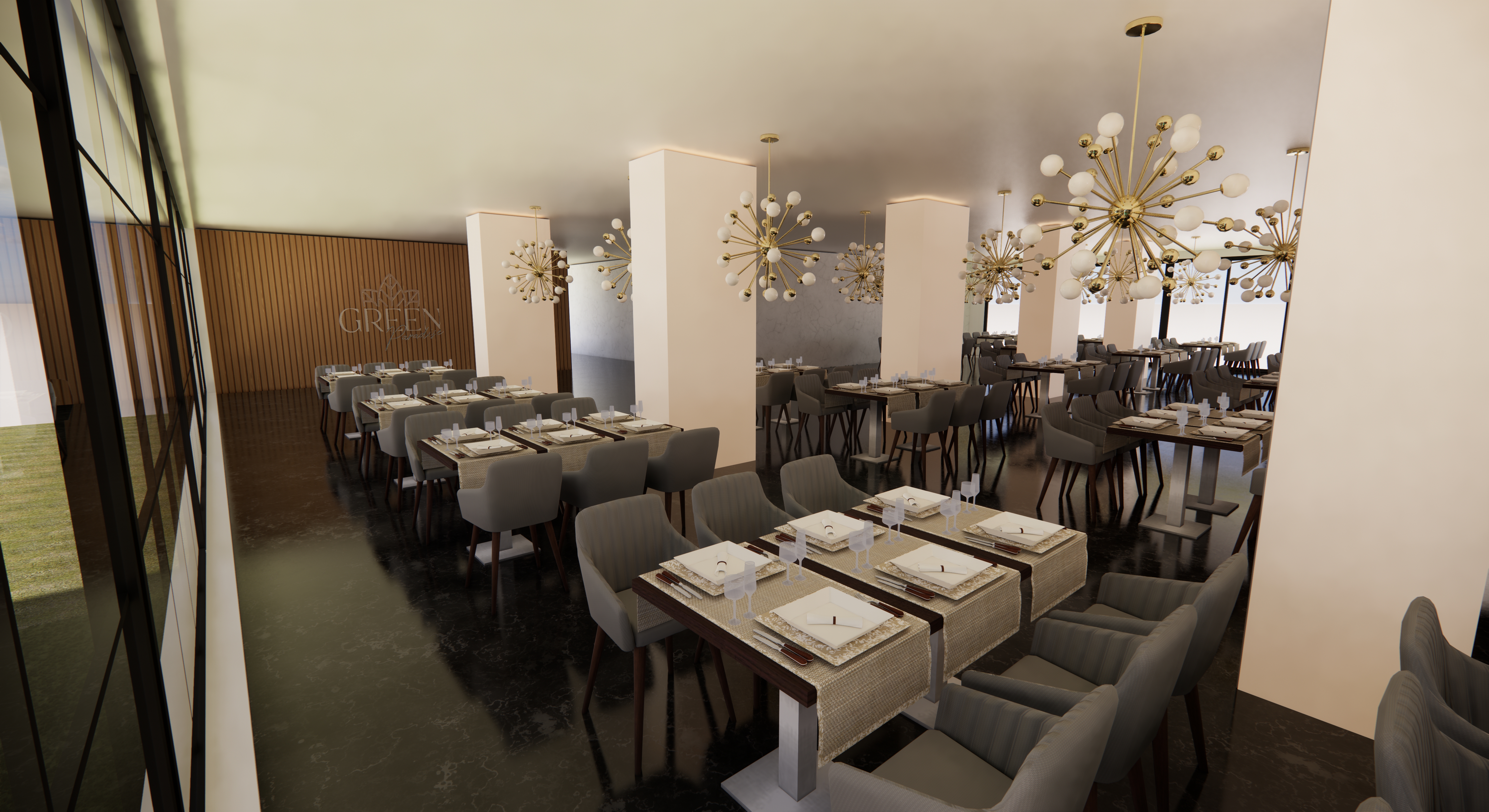 Sala vista da angolo con logo Green Paradise sulla parete in legno