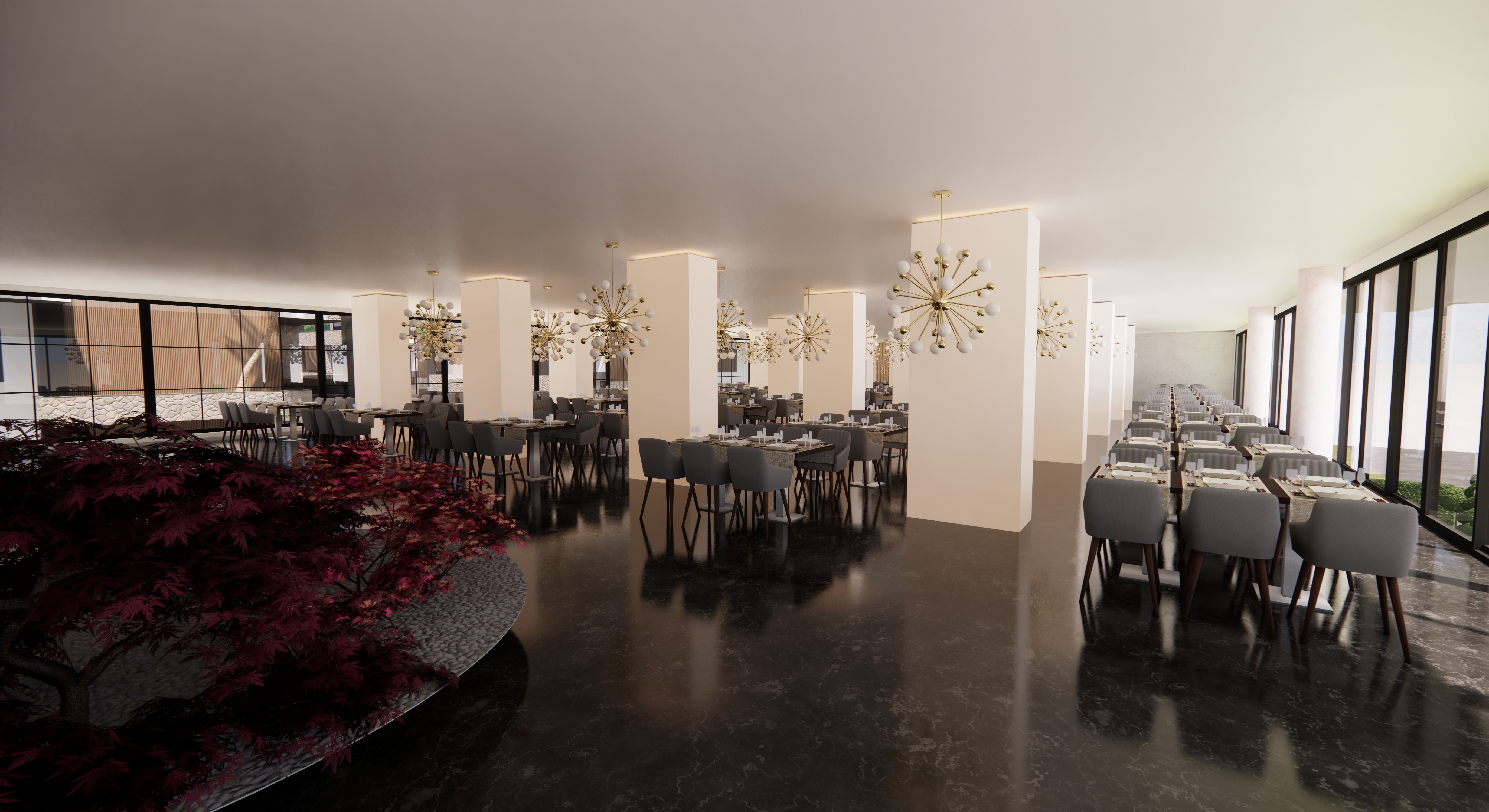 Vista panoramica con sputniks gold + vetrate full-height
