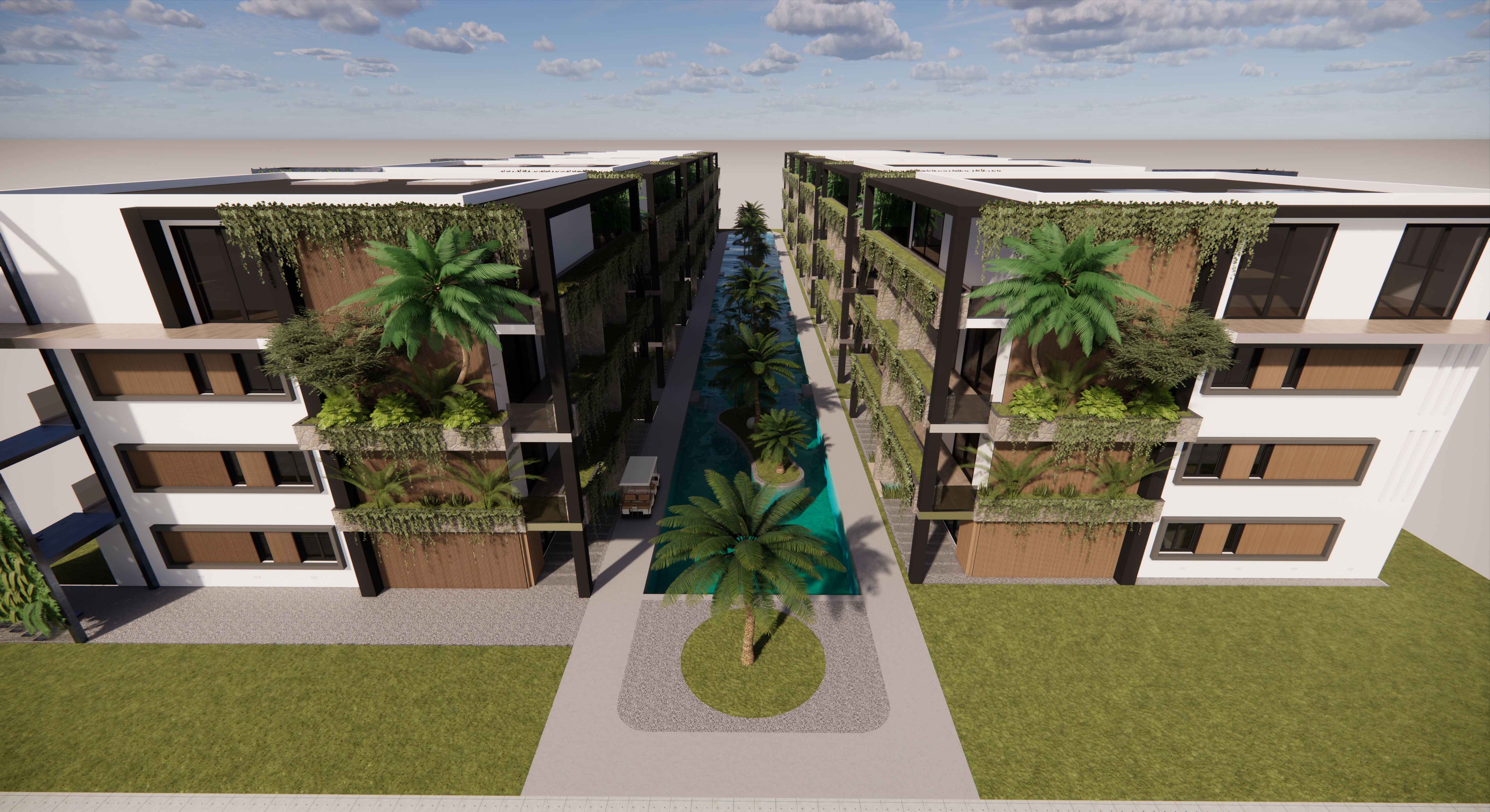 Vista frontale resort · piscina infinity centrale con logo Green Paradise