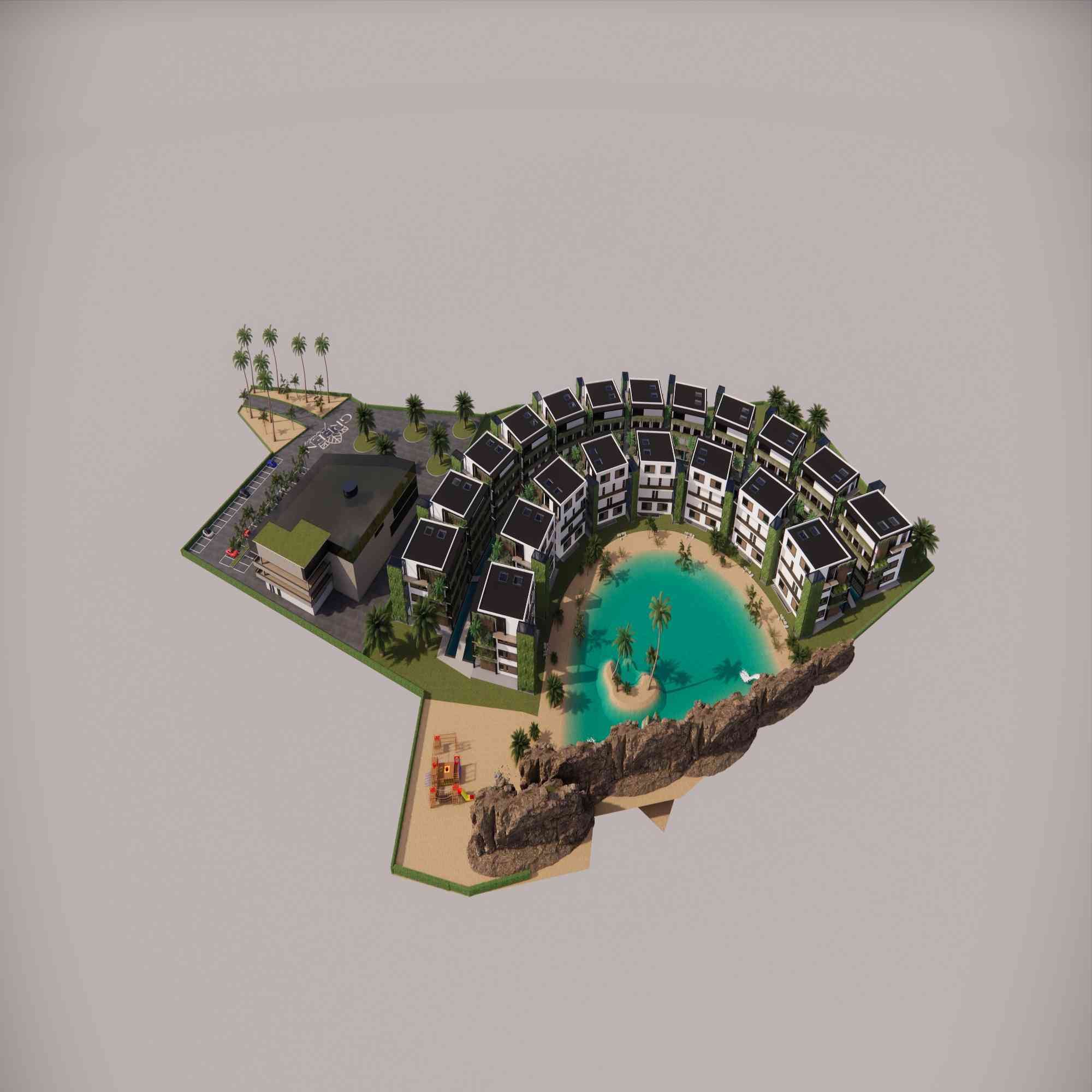 Vista aerea · layout semicircolare a terrazzamenti