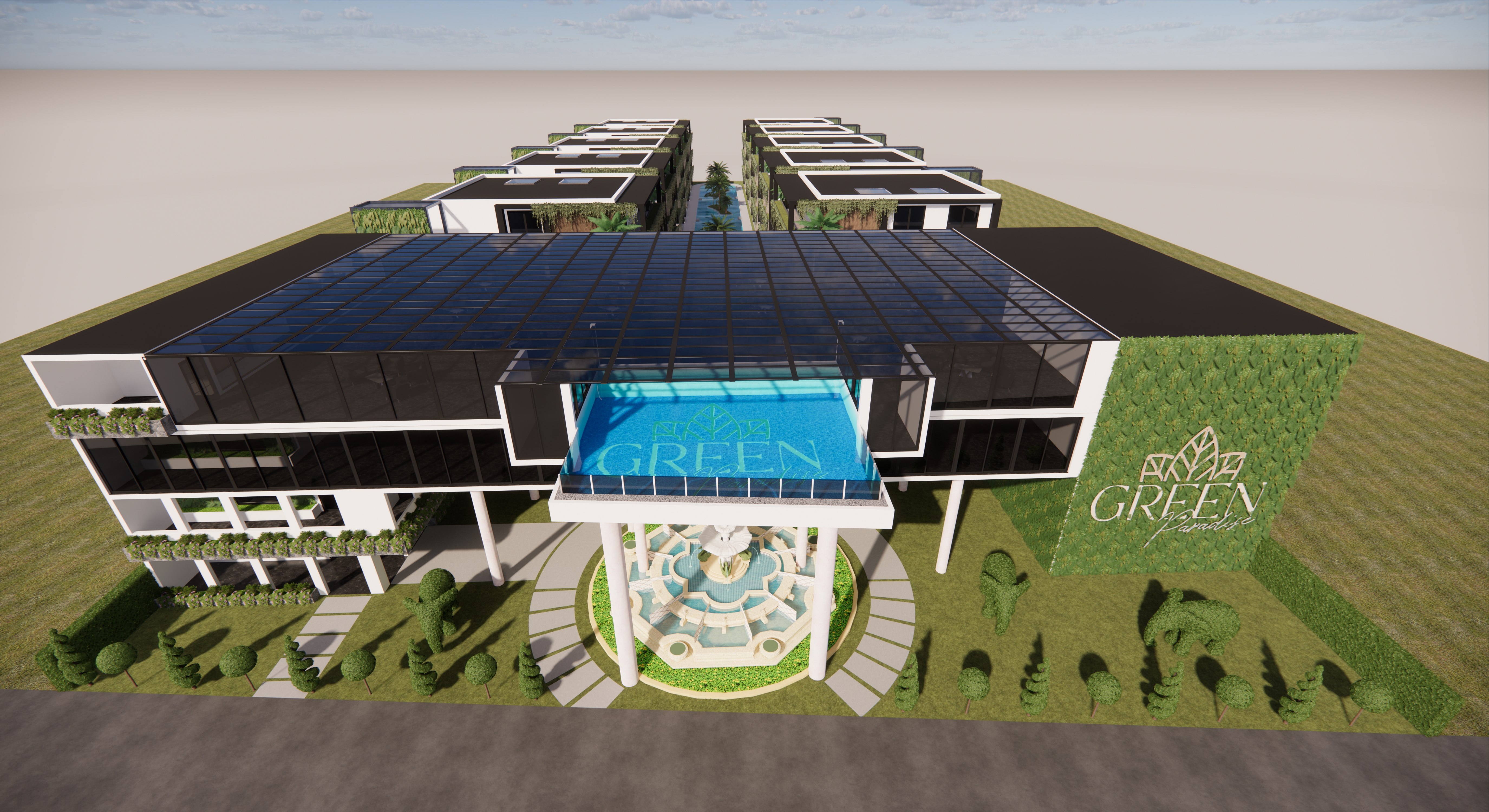 Vista 3/4 · piscina infinity + vertical garden imponente