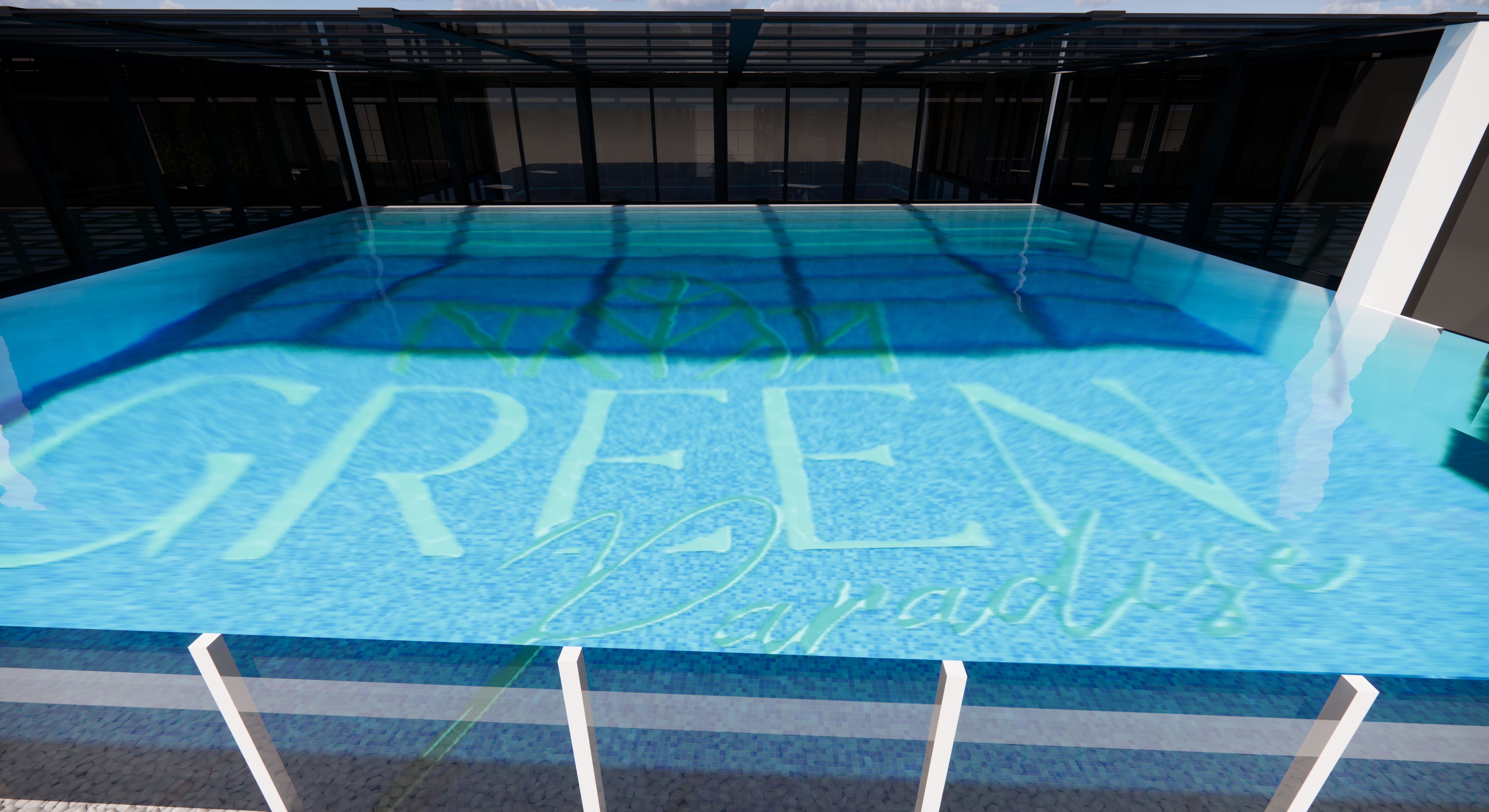 Piscina rooftop con logo "GREEN Paradise" inciso sul fondo