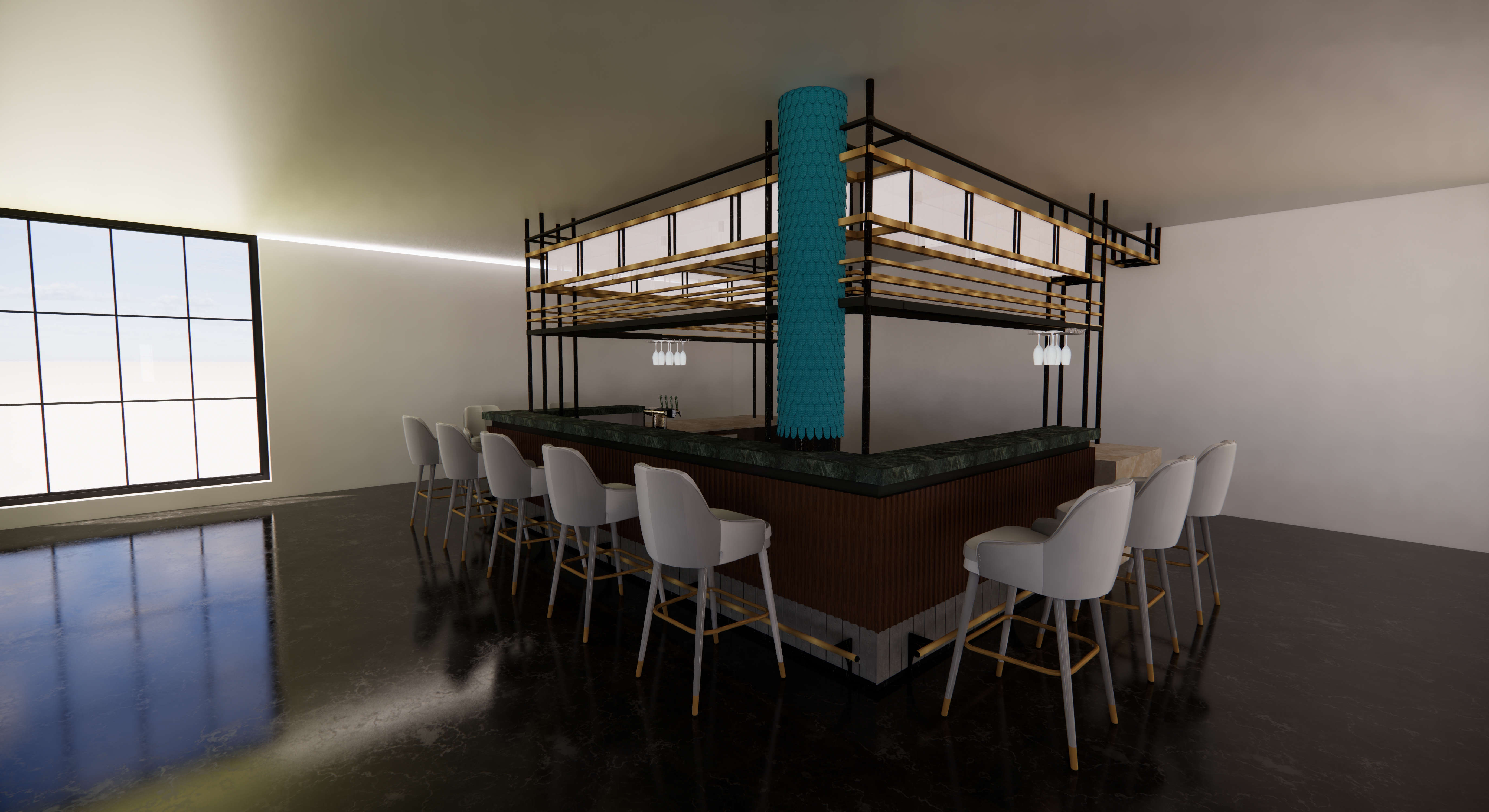 Bar lounge con wine cellar in legno + sala banchetti sullo sfondo