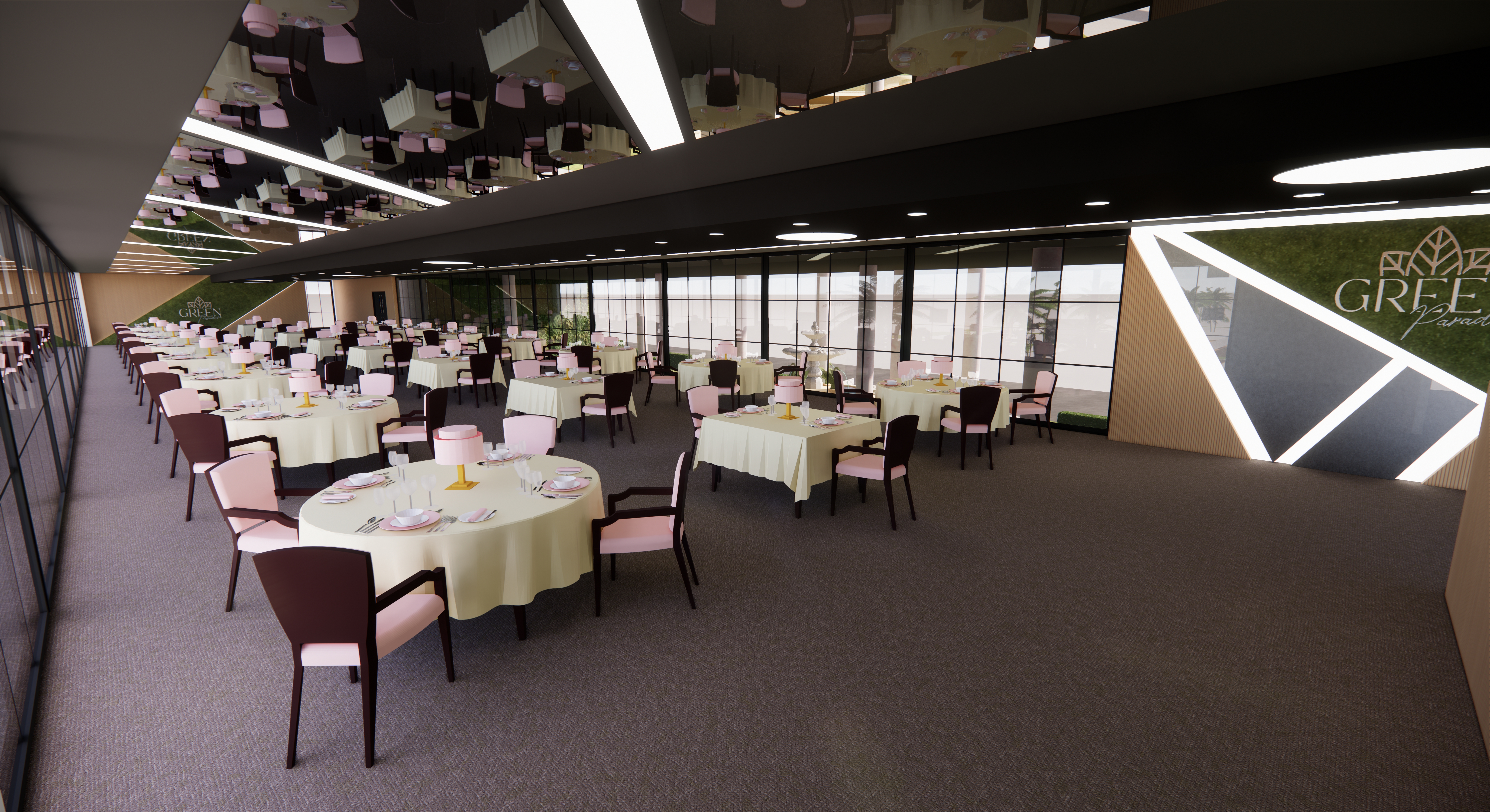 Vista intima con green wall illuminata e logo Green Paradise