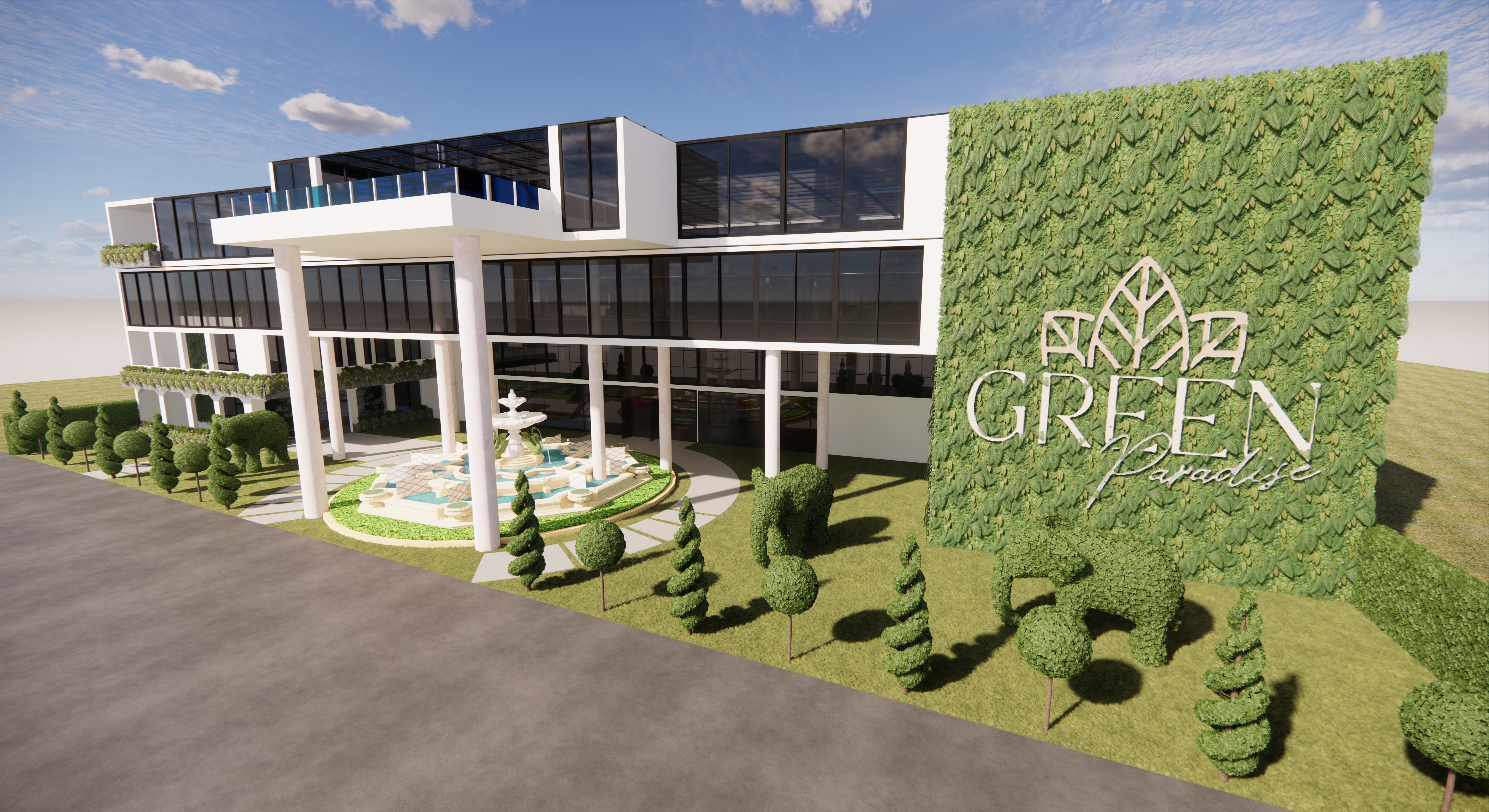 Club house · fontana e vertical garden con logo