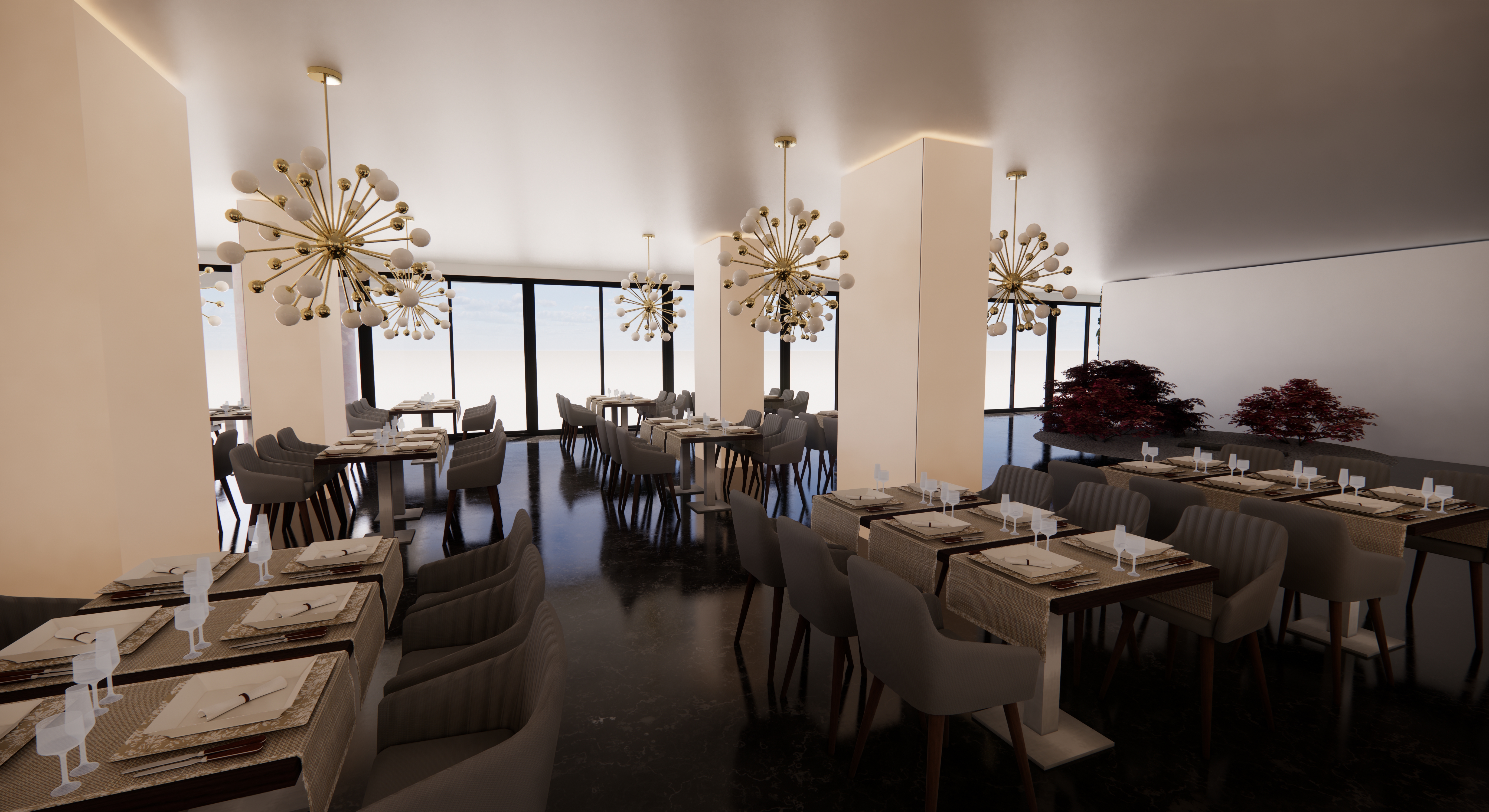 Sala fine dining con sputniks a profusione + aceri rossi