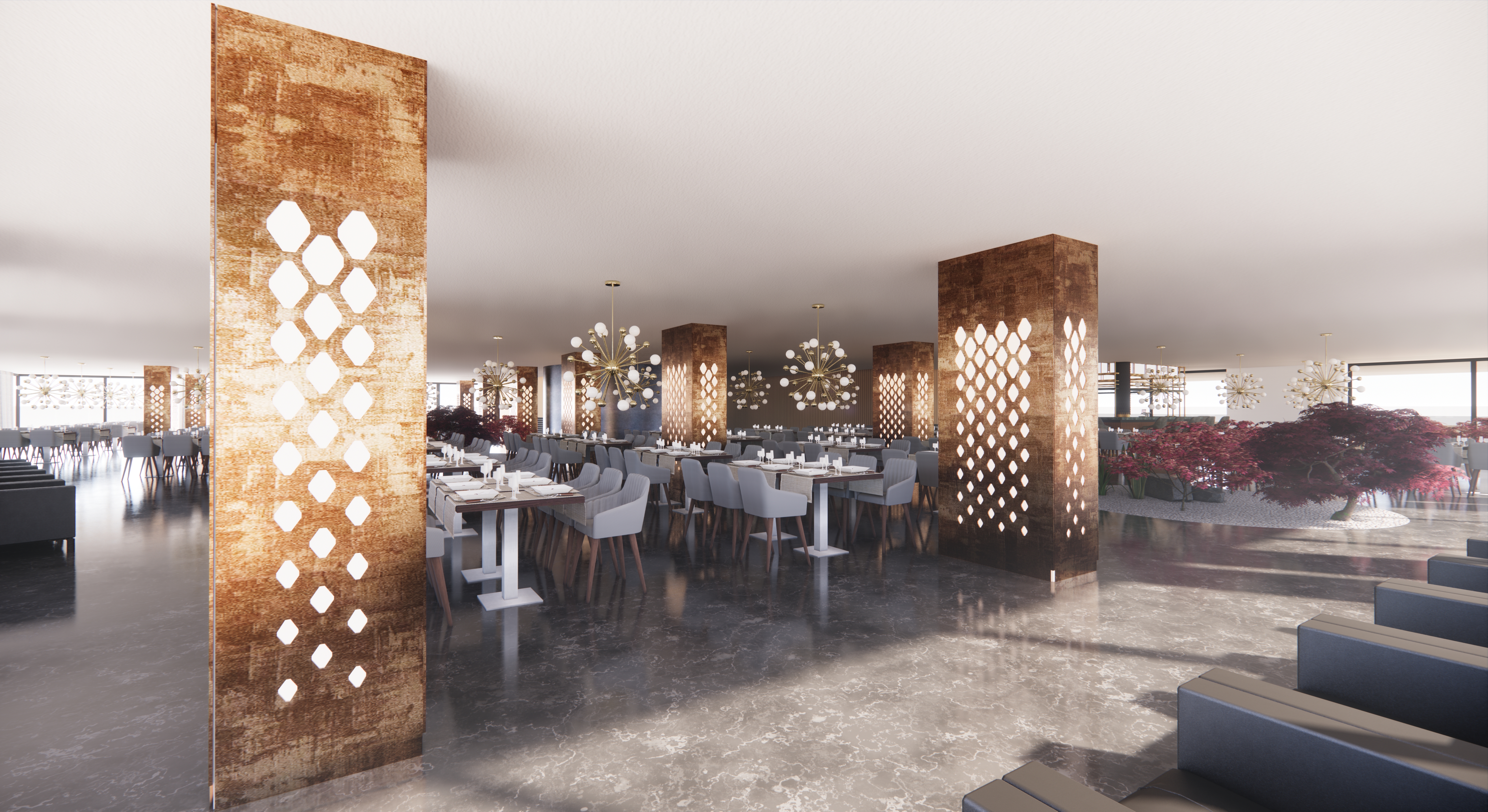 Sala ristorante panoramica con vetrate full-height