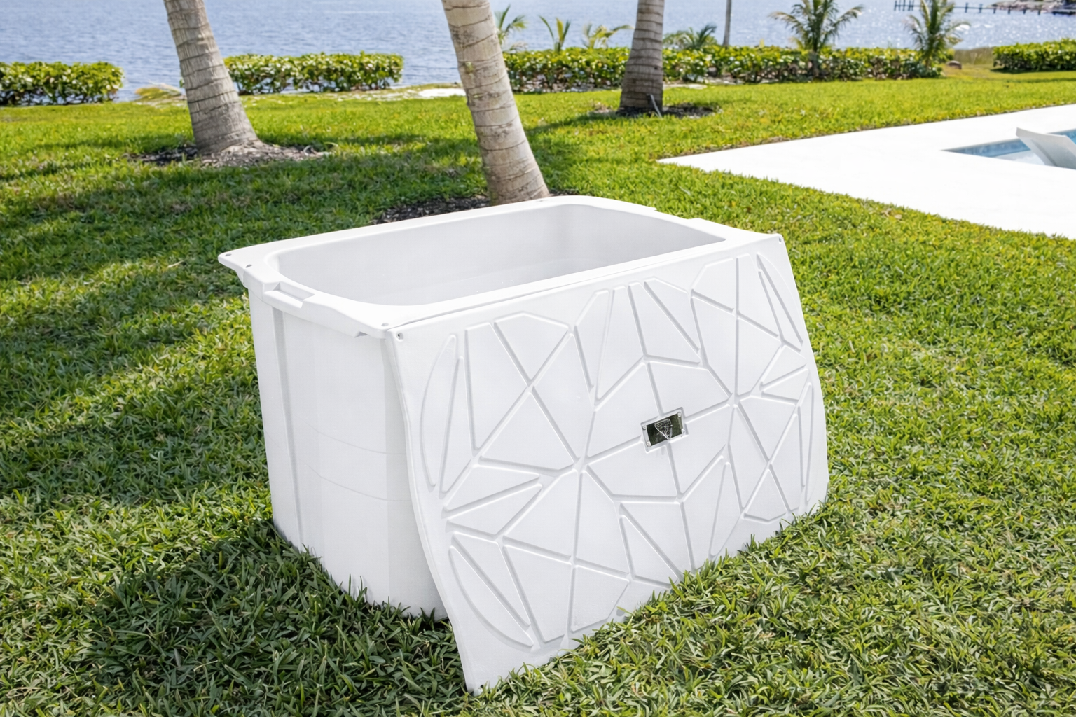 Frozin 400 cold plunge tub in White Granite on a backyard lawn