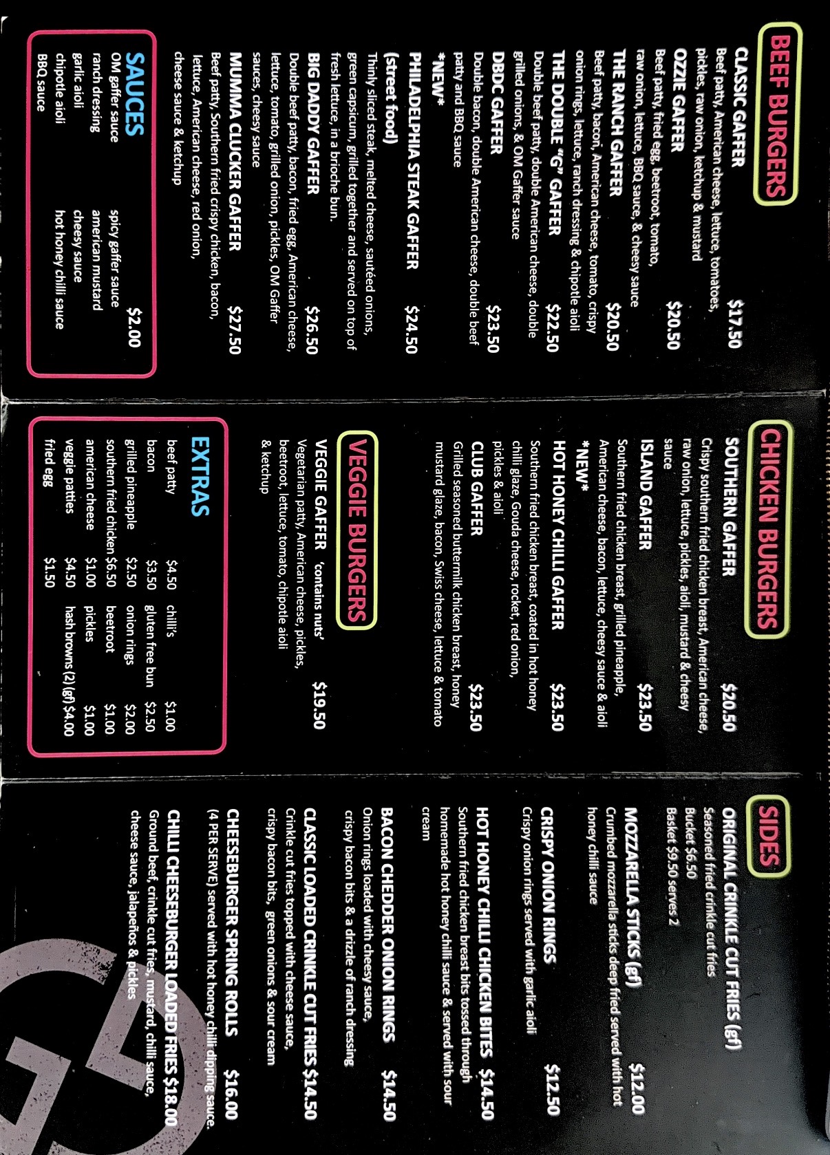 The Gaffer menu front — beef, chicken, veggie burgers, sides, sauces