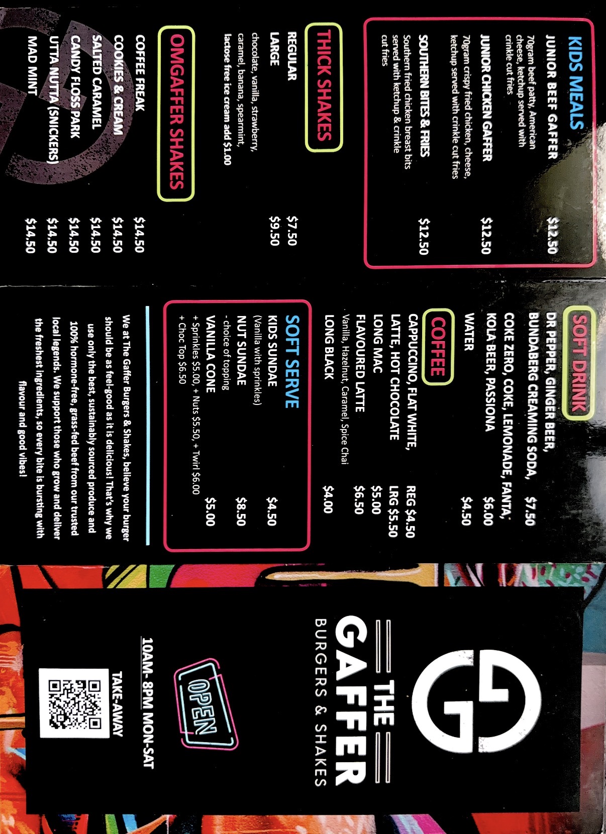The Gaffer menu back — thick shakes, soft serve, soft drinks, coffee, kids meals