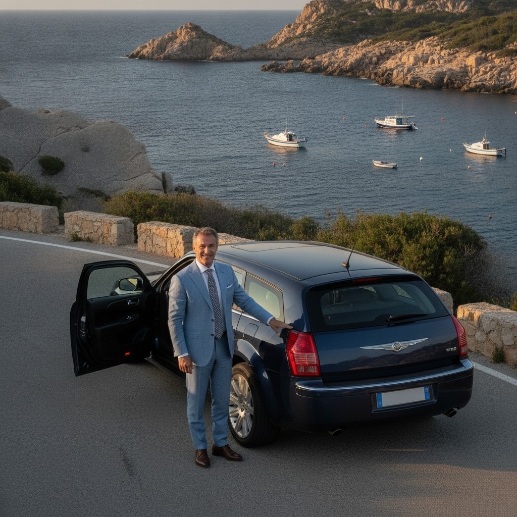 Chrysler 300C Touring blu con autista in Gallura
