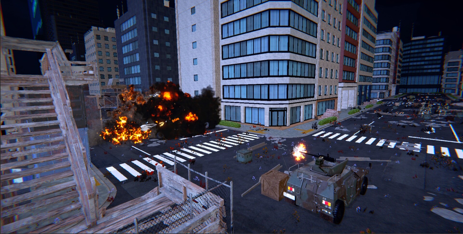 Military humvee in a burning intersection