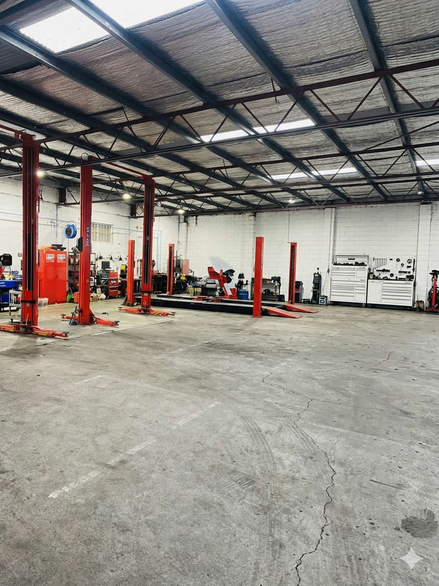 Inside the Tassie Automotive workshop — multi-bay layout with hoists ready