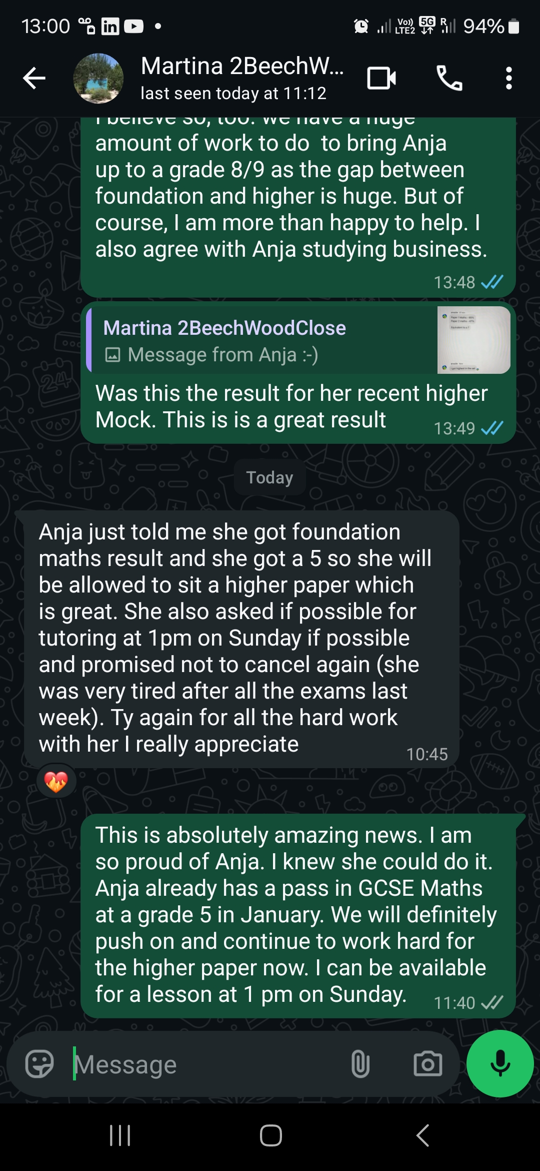 Martina's WhatsApp message about Anja's success