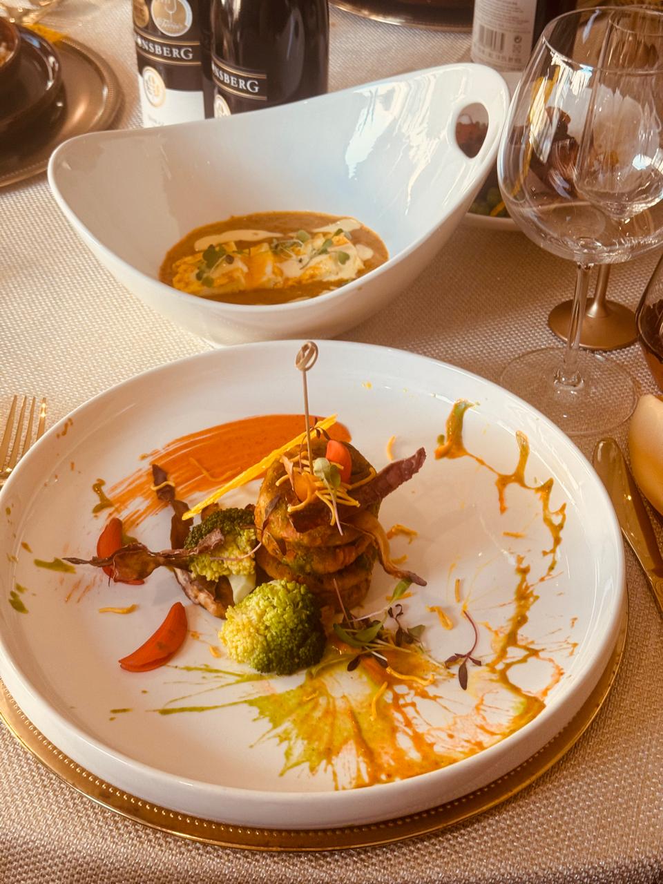 Artistic broccoli tower with sauce art