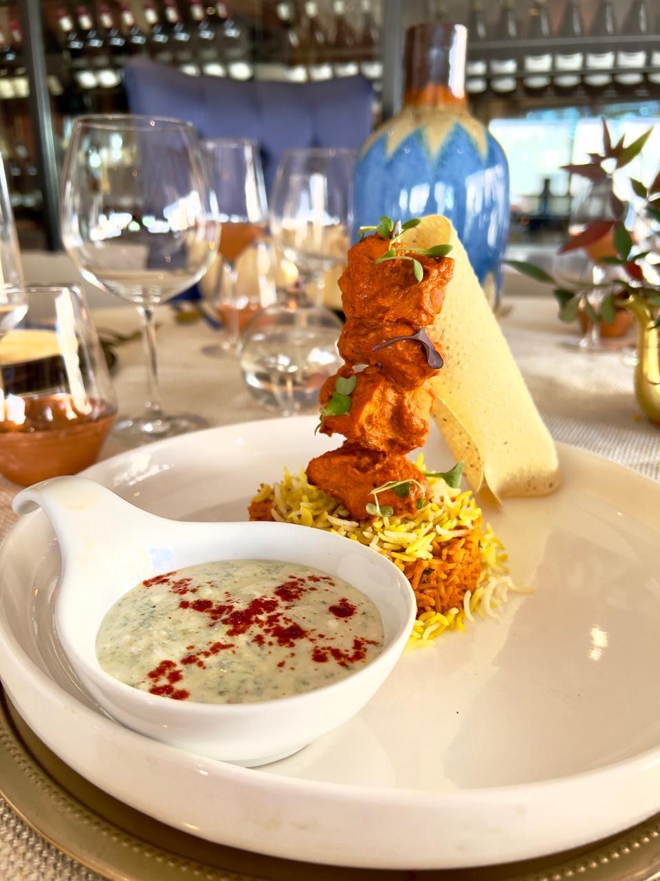 Tandoori tikka tower with biryani rice