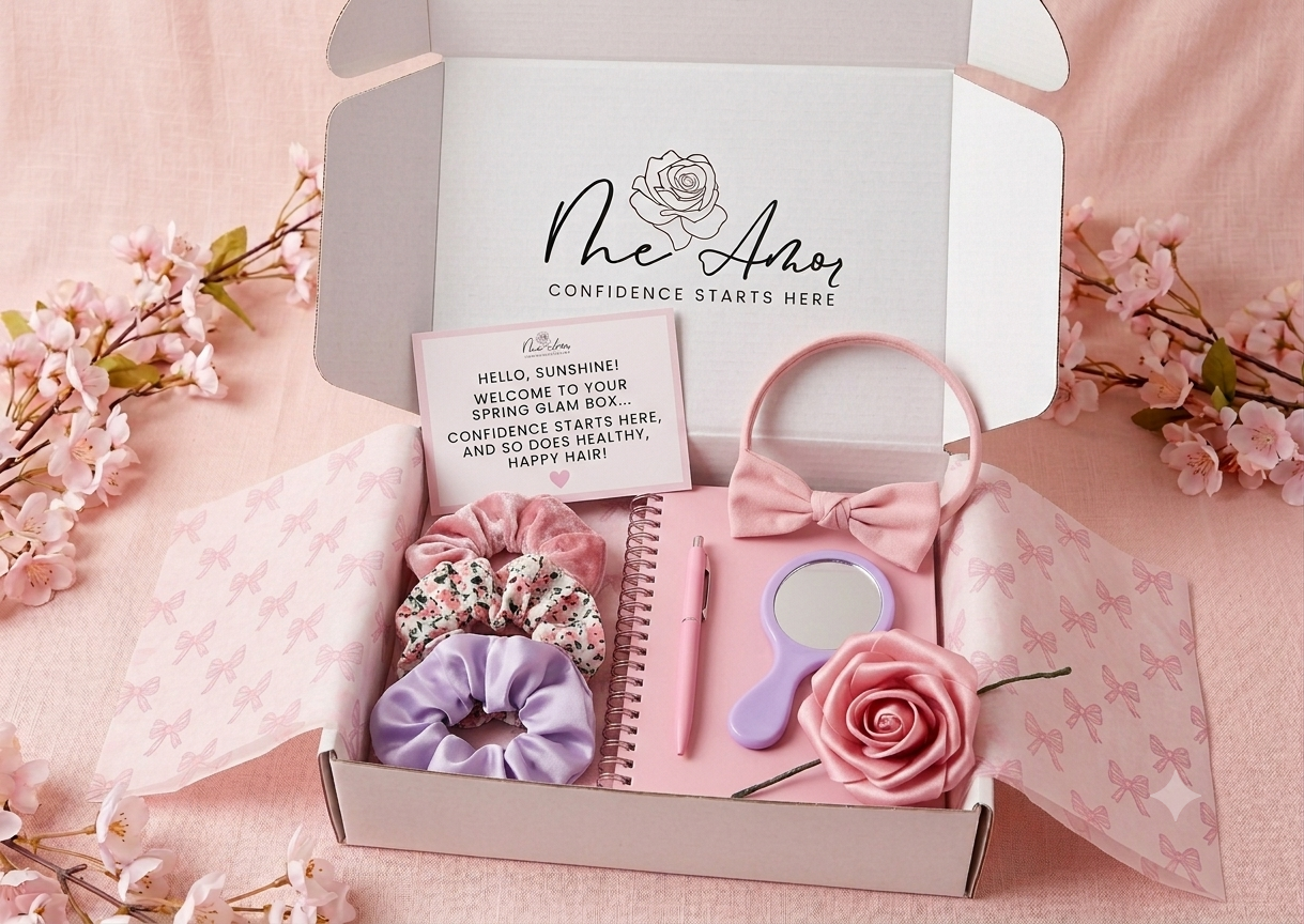 Me Amor Spring Glam Box featuring scrunchies, a hair bow, a mirror and a keepsake notebook