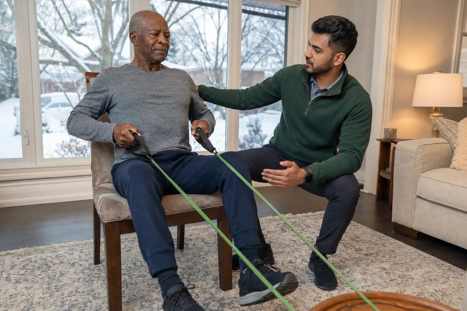 Registered Kinesiologist Etobicoke conducting a free in home senior strength training assessment at kitchen table