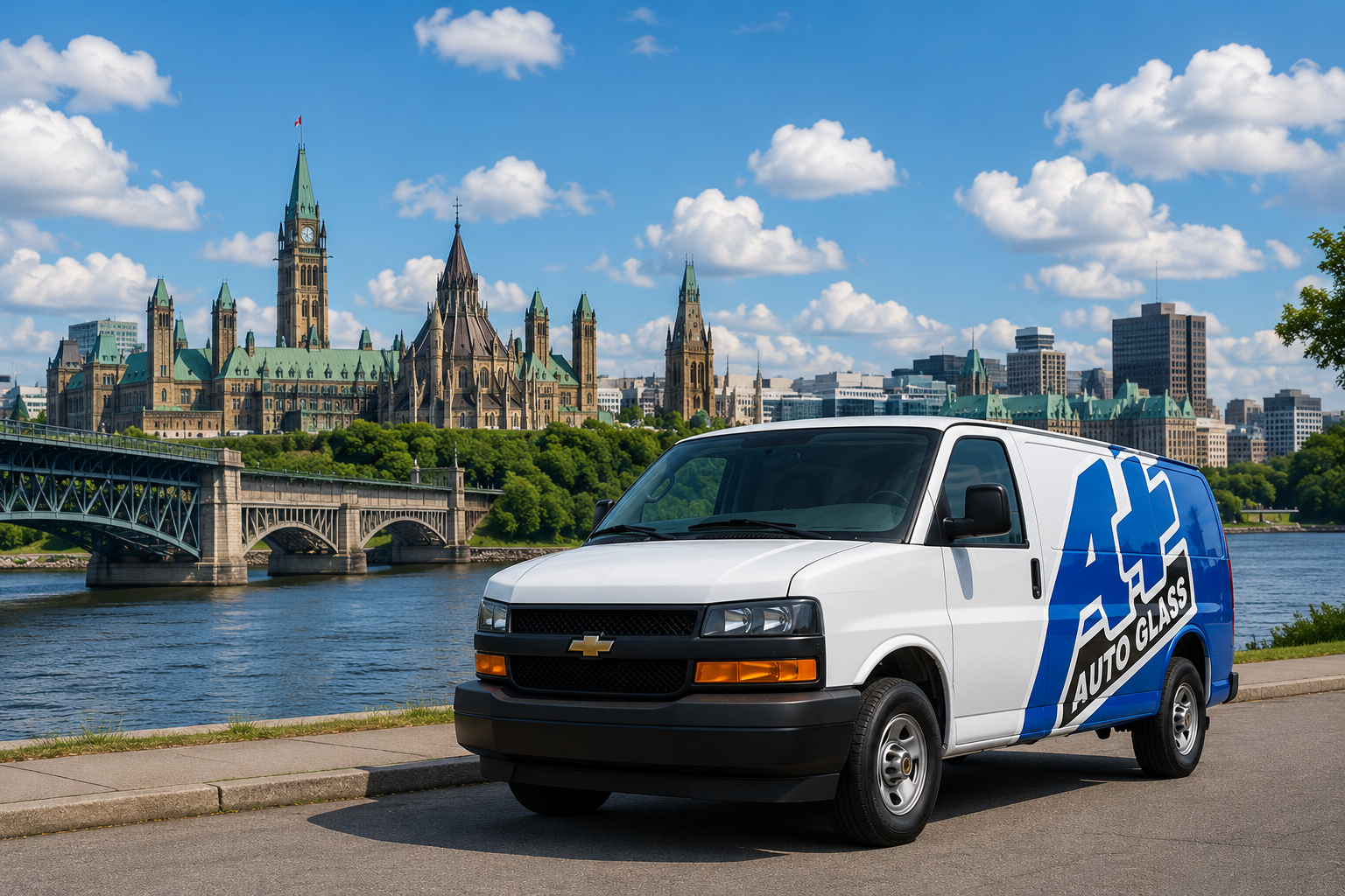 A+ Auto Glass service van with Ottawa parliament in background