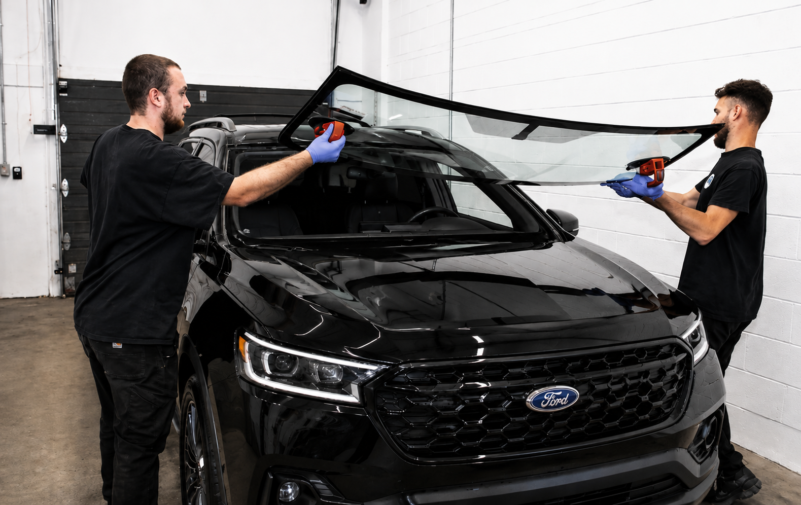 A+ Auto Glass technicians installing a windshield on a Ford SUV