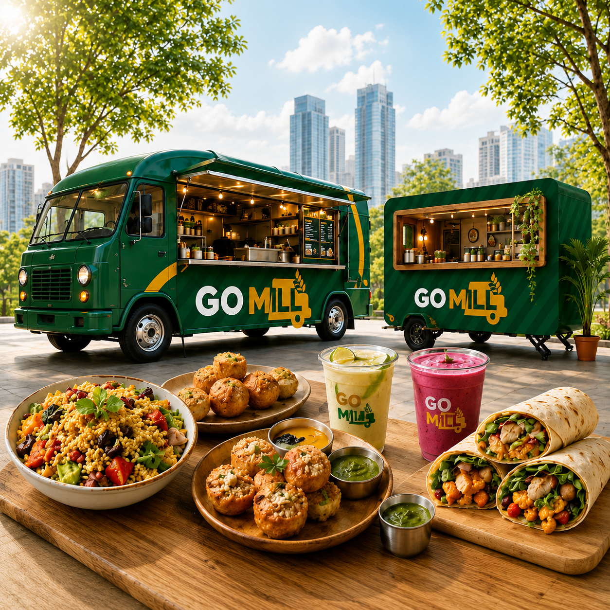 GoMill food spread with truck and kiosk