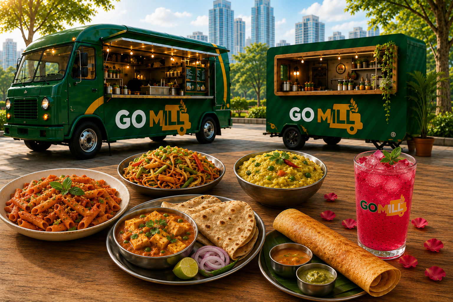 GoMill food spread with truck and kiosk