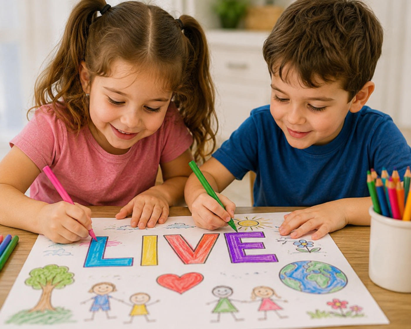 Two children colouring together
