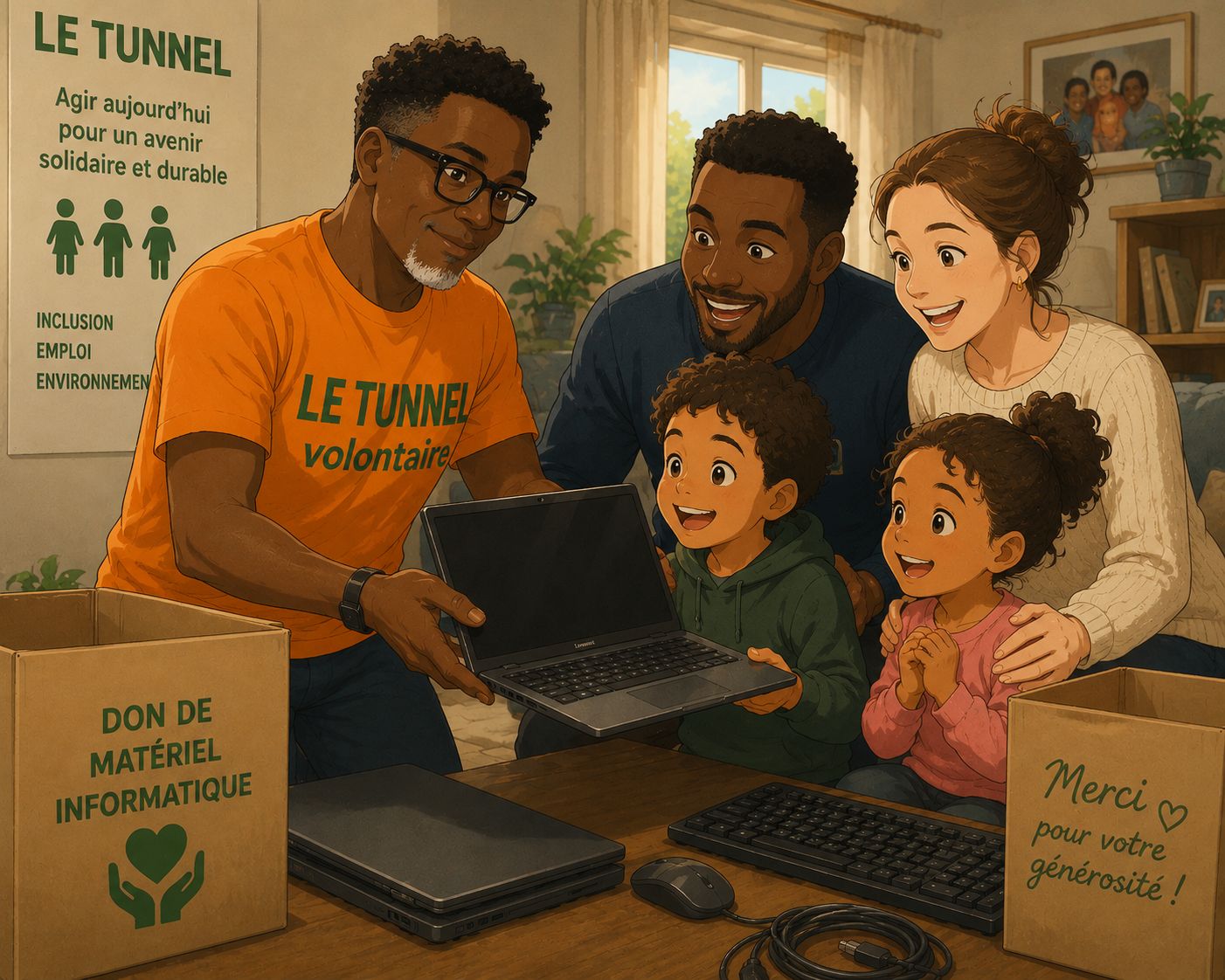Famille recevant un ordinateur grâce à Le Tunnel