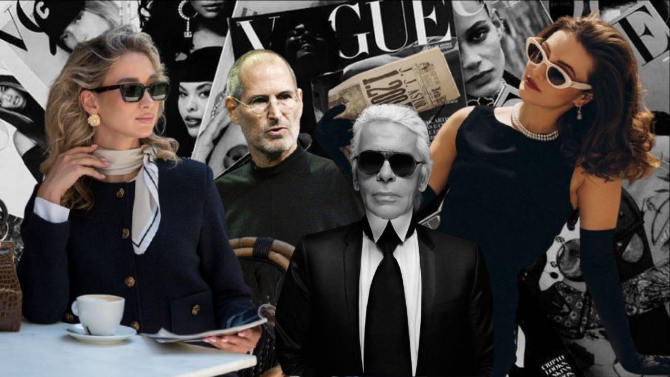 Editorial collage of fashion icons — Steve Jobs, Karl Lagerfeld and two women in their signature uniforms — set against a Vogue magazine wall.