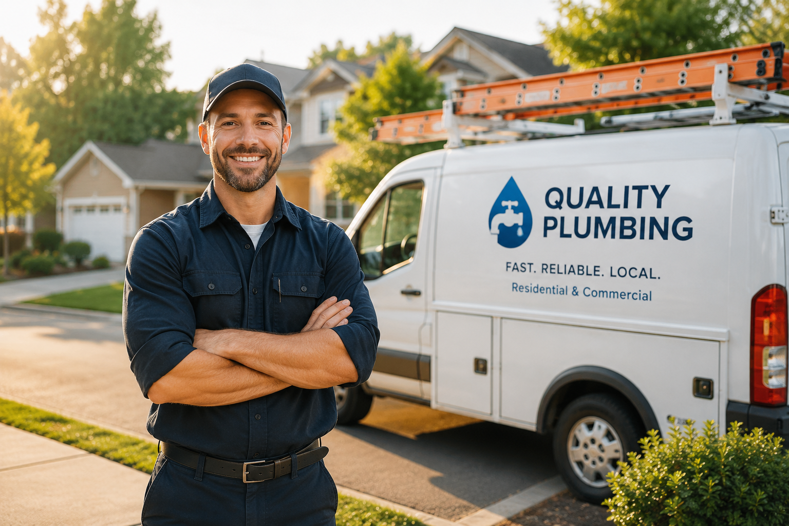 Local plumber standing in front of a Quality Plumbing service van