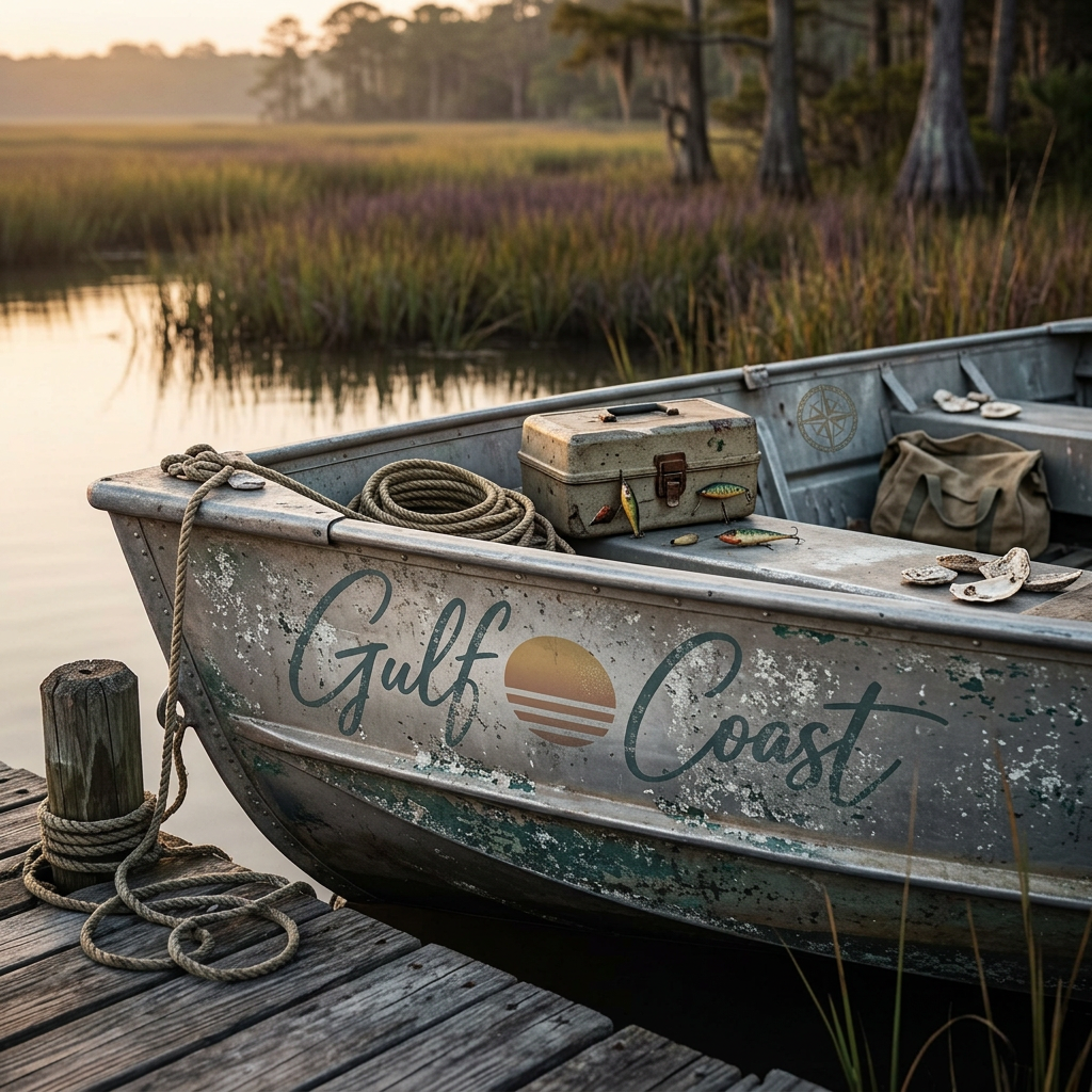 Weathered Gulf Coast jon boat at the marsh dock — Gulf Coast Home Co.