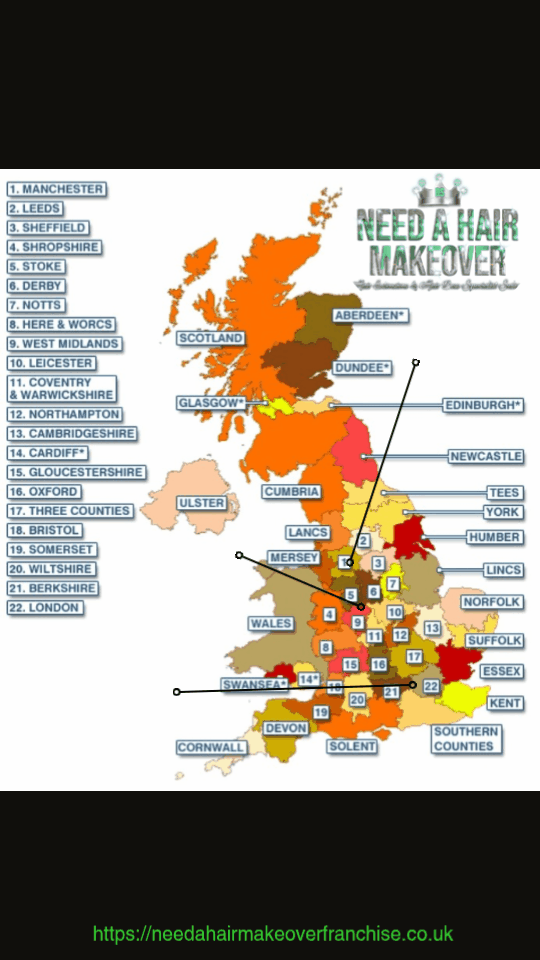 Hair Extensions Franchise Launch Regional Map - Available UK Regions