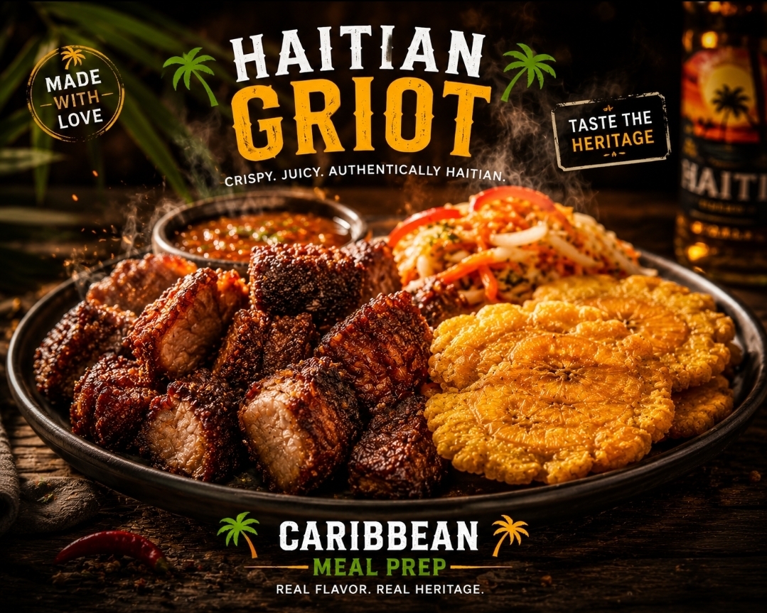 Crispy Haitian griot with fried plantains and pikliz