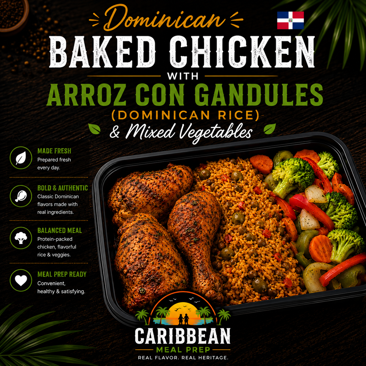 Dominican Baked Chicken with Arroz Con Gandules & Vegetables