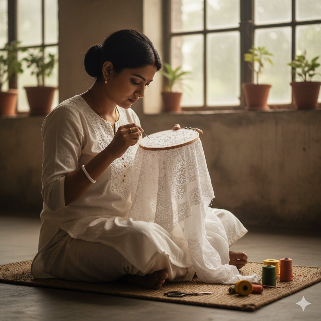 Artisan working on chikankari