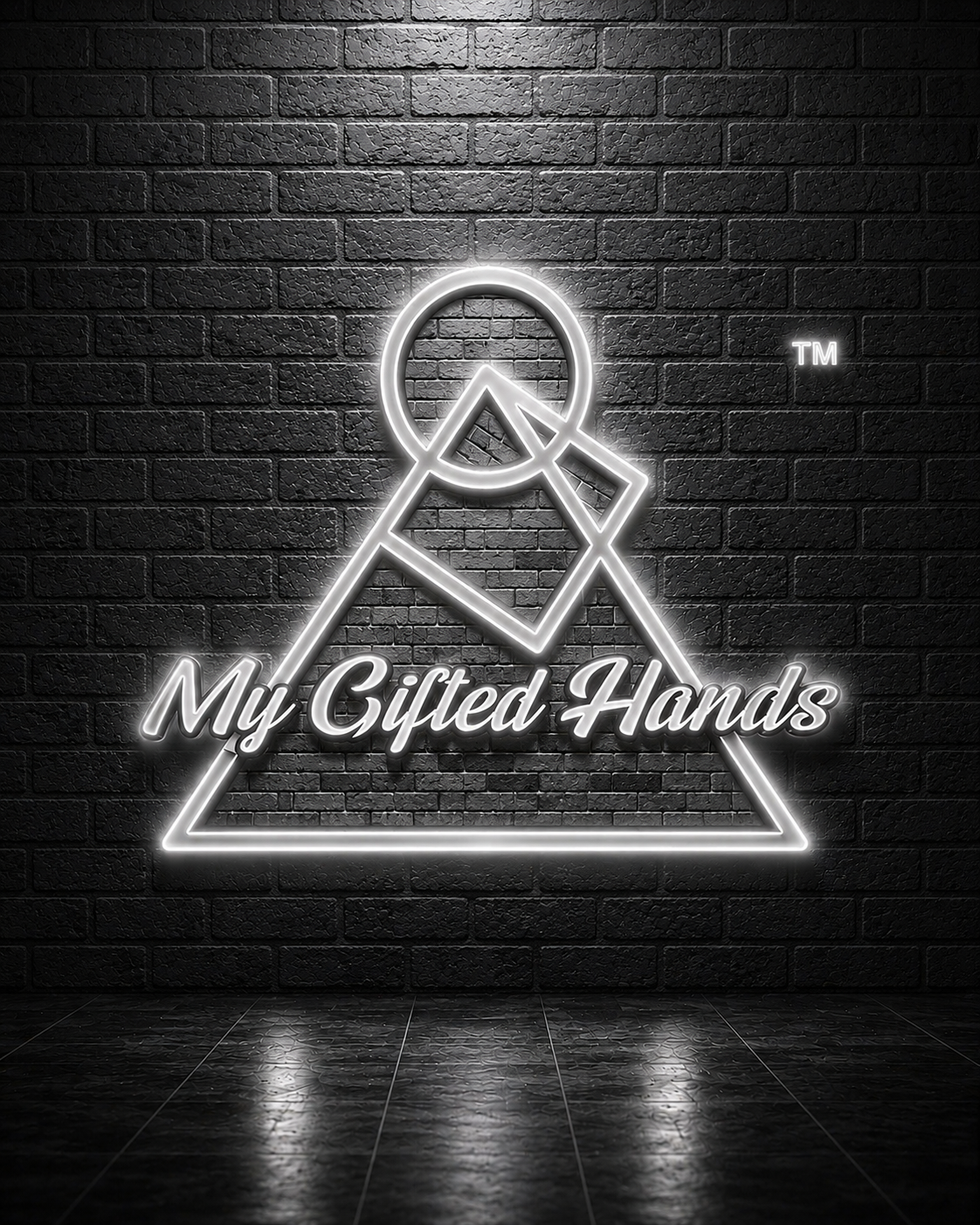 My Gifted Hands neon logo on brick wall