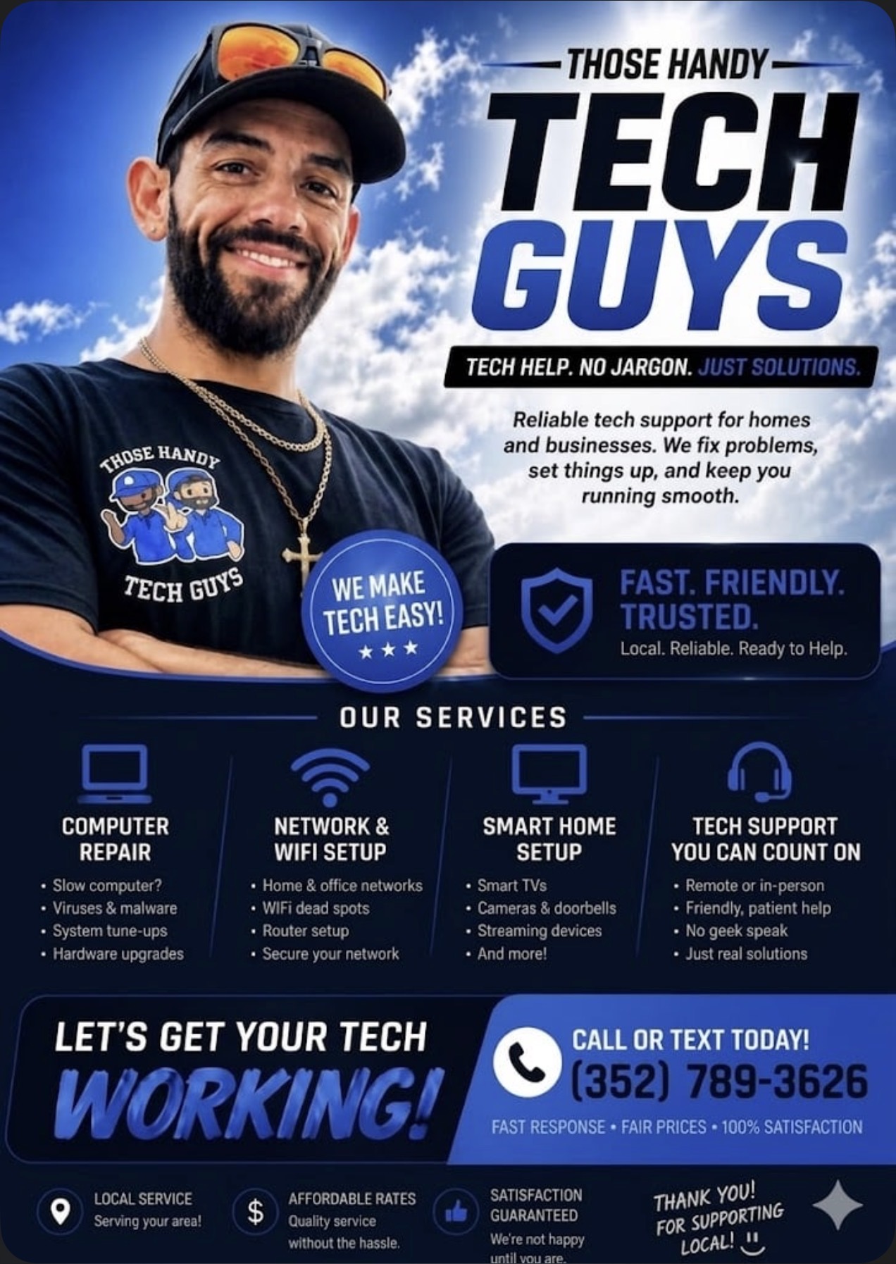 Those Handy Tech Guys flyer — Gino. Tech help. No jargon. Just solutions.