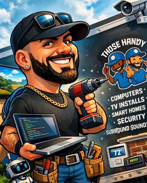 Those Handy Tech Guys mascot — Gino with drill, laptop, and tool belt