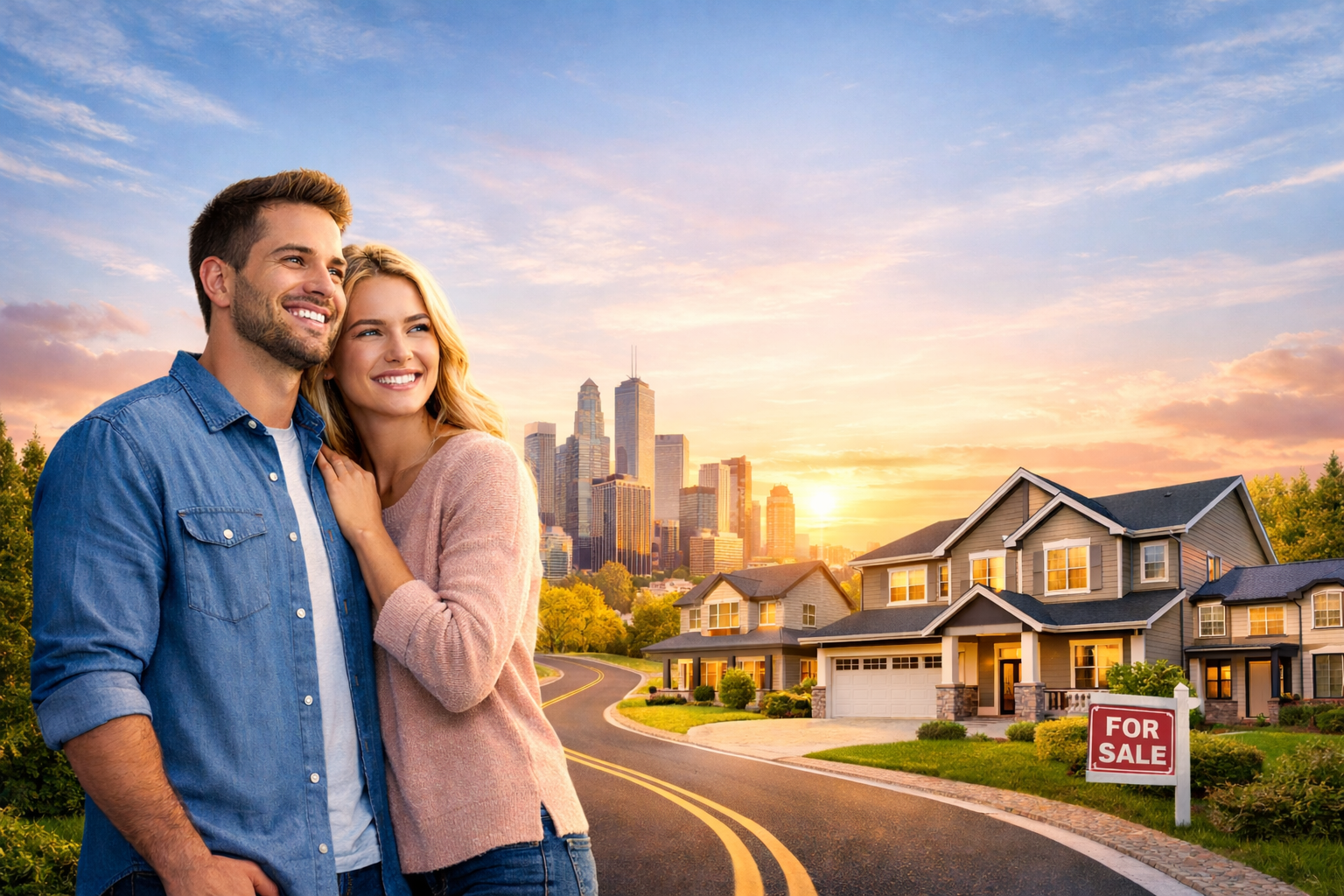 Happy couple looking at homes for sale