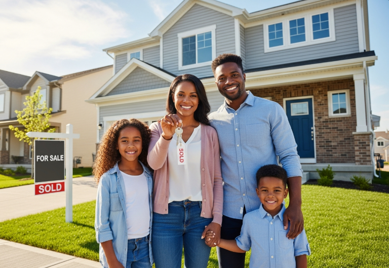 Happy family celebrating in front of new home with sold sign
