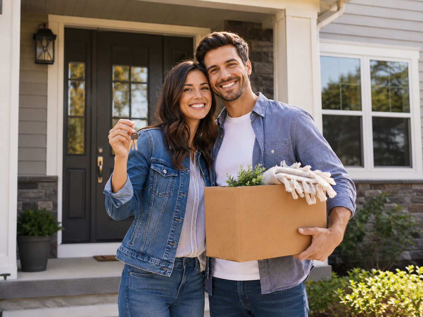 Happy family in front of their new home