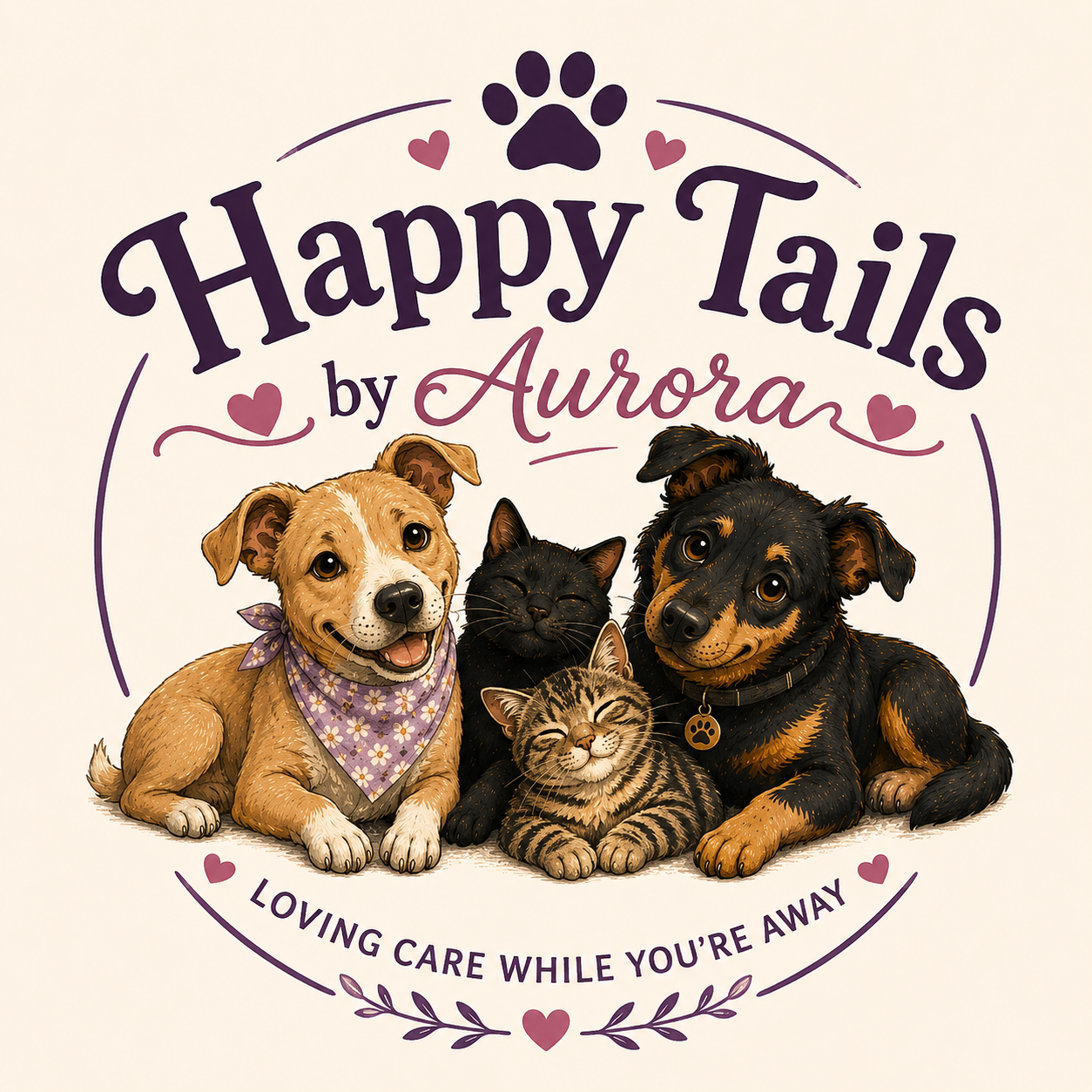Happy Tails by Aurora — illustrated logo with dogs and cats