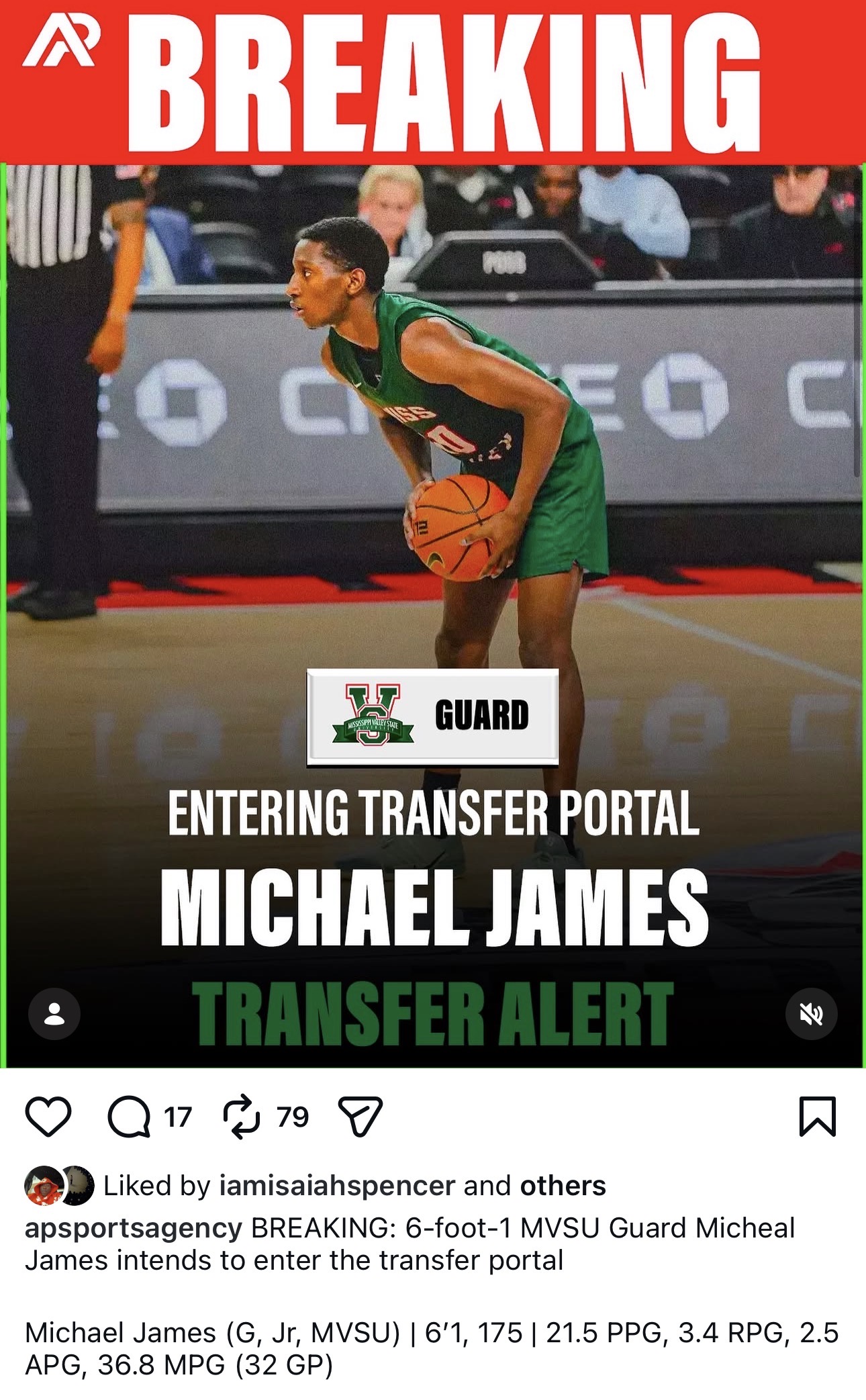Michael James - MVSU Transfer Portal