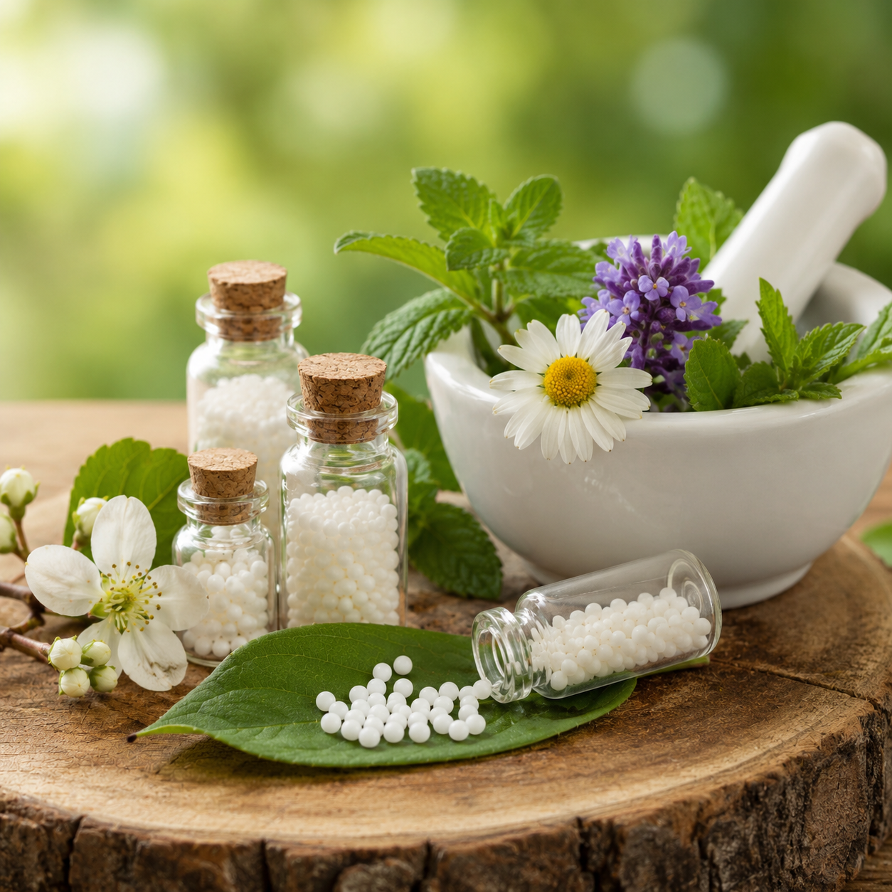 Homeopathic globules in glass vials with fresh herbs, flowers, and a mortar and pestle