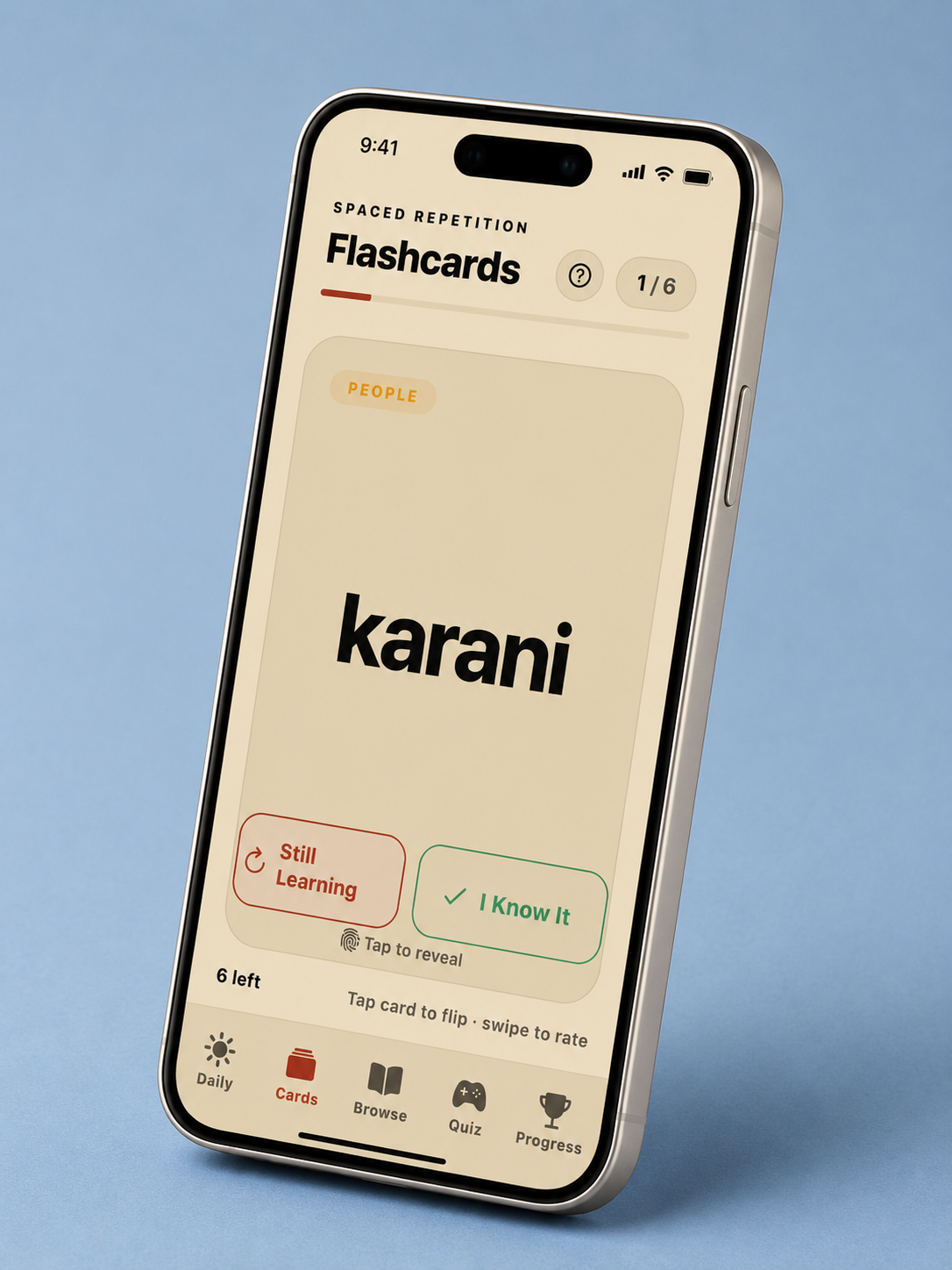 TaiKupu flashcards screen showing the kupu karani