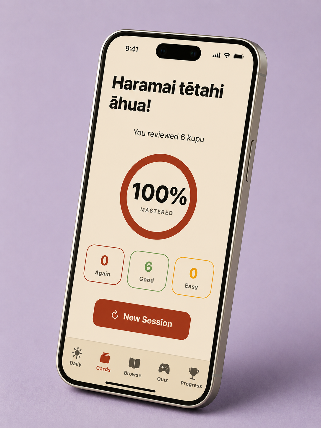 TaiKupu session complete screen showing 100% mastered