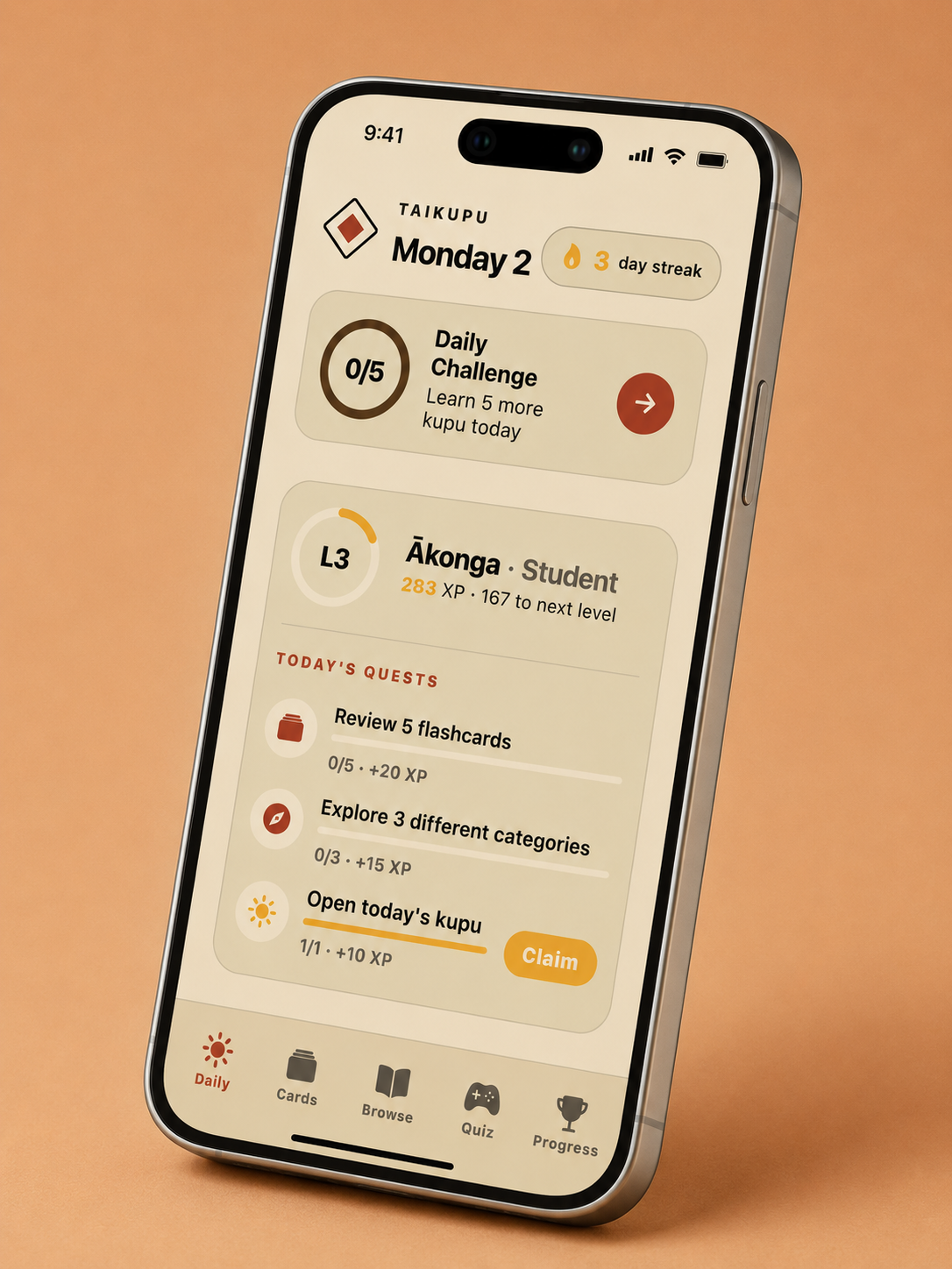 TaiKupu app on iPhone — daily kupu, quests and streak